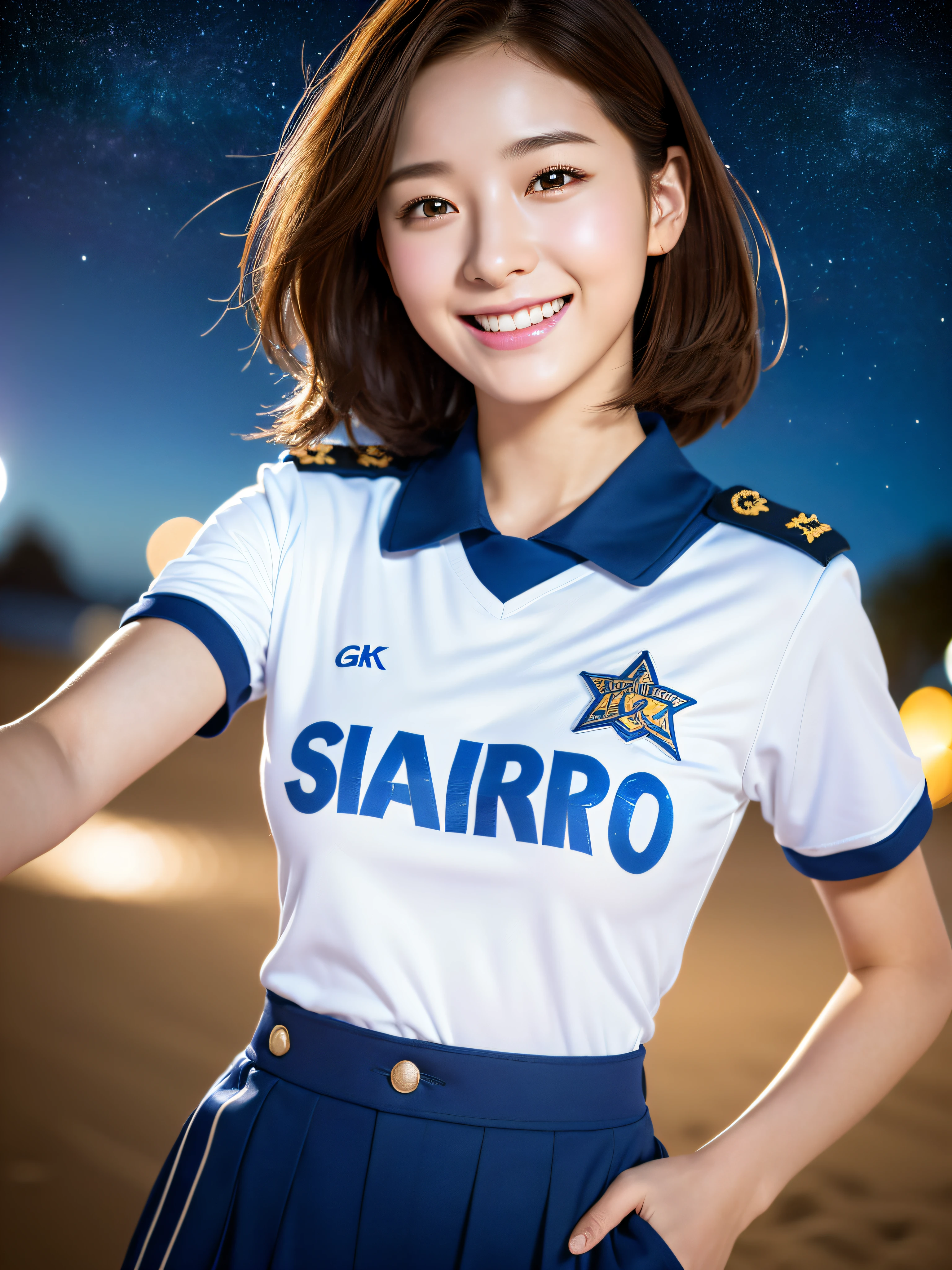 (Best Quality, 8k, 32k, Masterpiece, UHD:1.2), Night, Sand, Starry Sky, Galactic Stars, Seaside, Starlight, Cute Japan Woman Pictures, One Girl, (Big), (Abs), (Lips), (Medium Short Brown Hair), Double Eyelids, Burns, (T-shirt, Shorts)), Illustration, Very Detailed, CG, Unification, 8k Wallpaper, Fantastic, Fine Details, Masterpiece, top quality, highly detailed CG uniforms 8k wallpapers, movie lighting,  girl, smiling (((dynamic pose)))