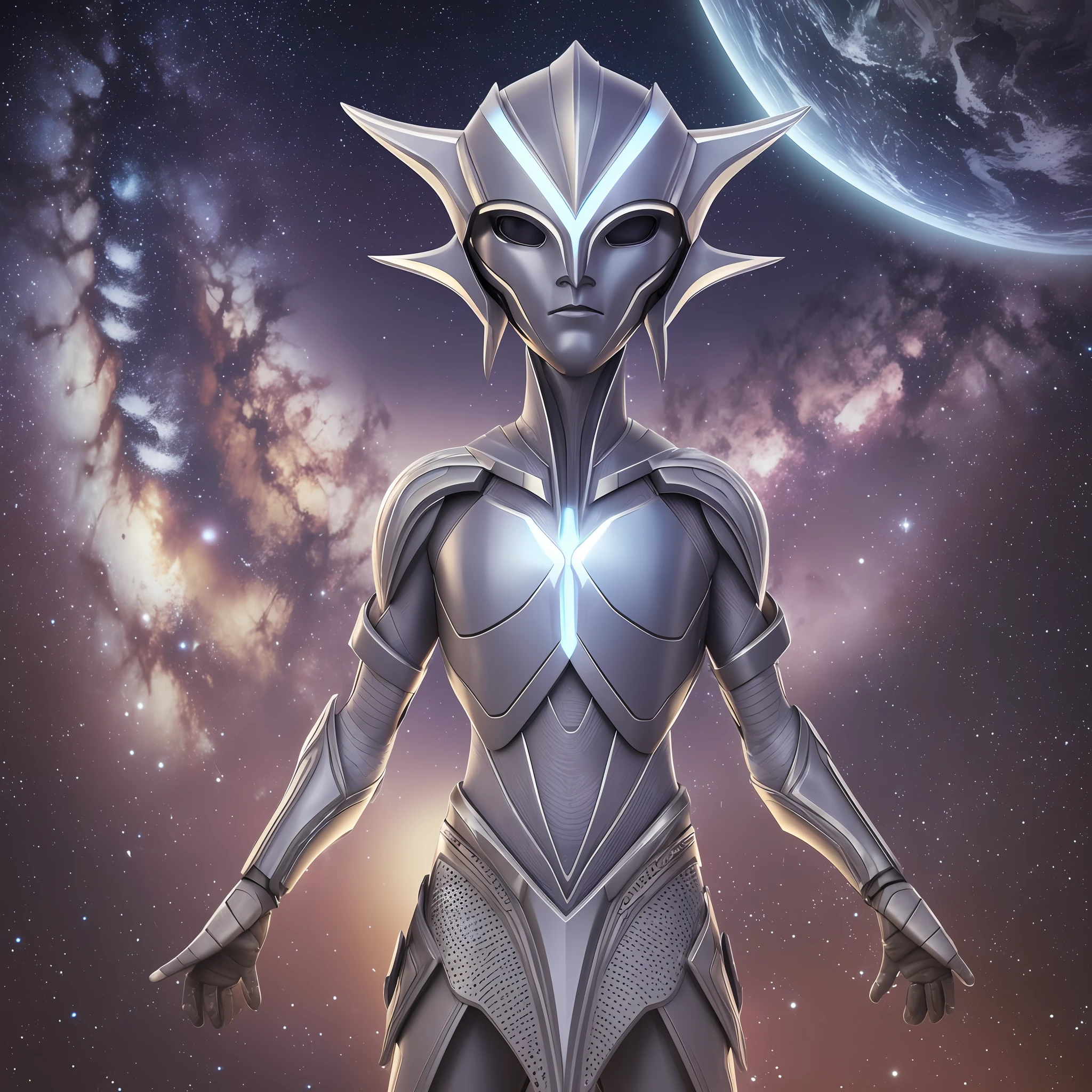 Create a realistic image of Being Arcturus, a humanoid alien from the Universe, masterfully portraying his greatness. Add exceptional details in your body structure, beaked head, blue colored skin, no clothes, big eyes, small mouth. Place it in a galactic environment, with state-of-the-art technology and carefully designed lighting to accentuate the deep perception of the surroundings. Use a palette of soft colors and a sense of smooth movement to emphasize the quality of your galactic existence.