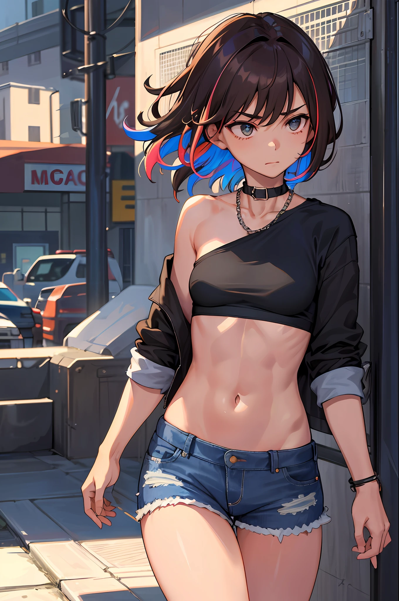 ((medium breast, tomboy girls, small head)),  (chiseled abs : 1.1), (perfect body : 1.1), (short wavy hair : 1.2) , auburn hair, collar, chain, full body shot, crowded street, wearing black tanktop, jeans jacket, ((shorts)), (extremely detailed CG 8k wallpaper), (an extremely delicate and beautiful), (masterpiece), (best quality:1.0), (ultra highres:1.0),  beautiful lighting ,perfect lightning, realistic shadows, [highres], detailed skin, ultra-detailed (((colorful)))