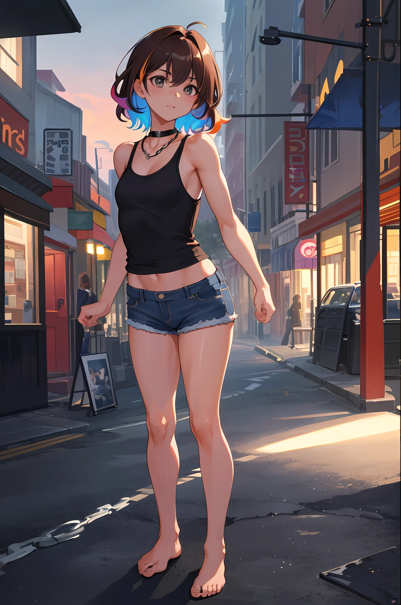 ((medium breast, tomboy girls, small head)),  (chiseled abs : 1.1), (perfect body : 1.1), (short wavy hair : 1.2) , auburn hair, collar, chain, full body shot, crowded street, wearing black tanktop, jeans jacket, ((shorts)), (extremely detailed CG 8k wallpaper), (an extremely delicate and beautiful), (masterpiece), (best quality:1.0), (ultra highres:1.0),  beautiful lighting ,perfect lightning, realistic shadows, [highres], detailed skin, ultra-detailed (((colorful)))