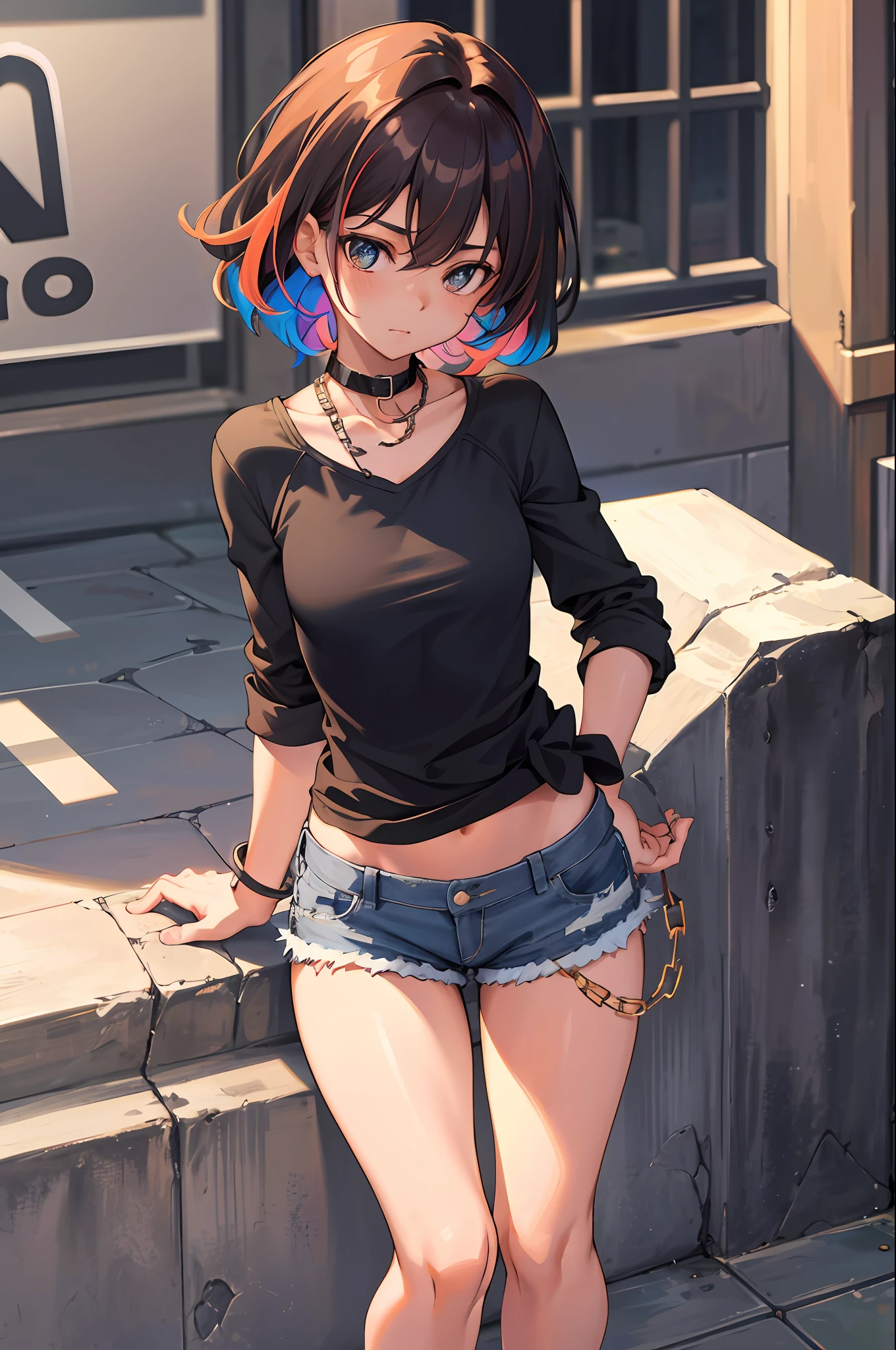 ((medium breast, tomboy girls, small head)),  (chiseled abs : 1.1), (perfect body : 1.1), (short wavy hair : 1.2) , auburn hair, collar, chain, full body shot, crowded street, wearing black tanktop, jeans jacket, ((shorts)), (extremely detailed CG 8k wallpaper), (an extremely delicate and beautiful), (masterpiece), (best quality:1.0), (ultra highres:1.0),  beautiful lighting ,perfect lightning, realistic shadows, [highres], detailed skin, ultra-detailed (((colorful)))