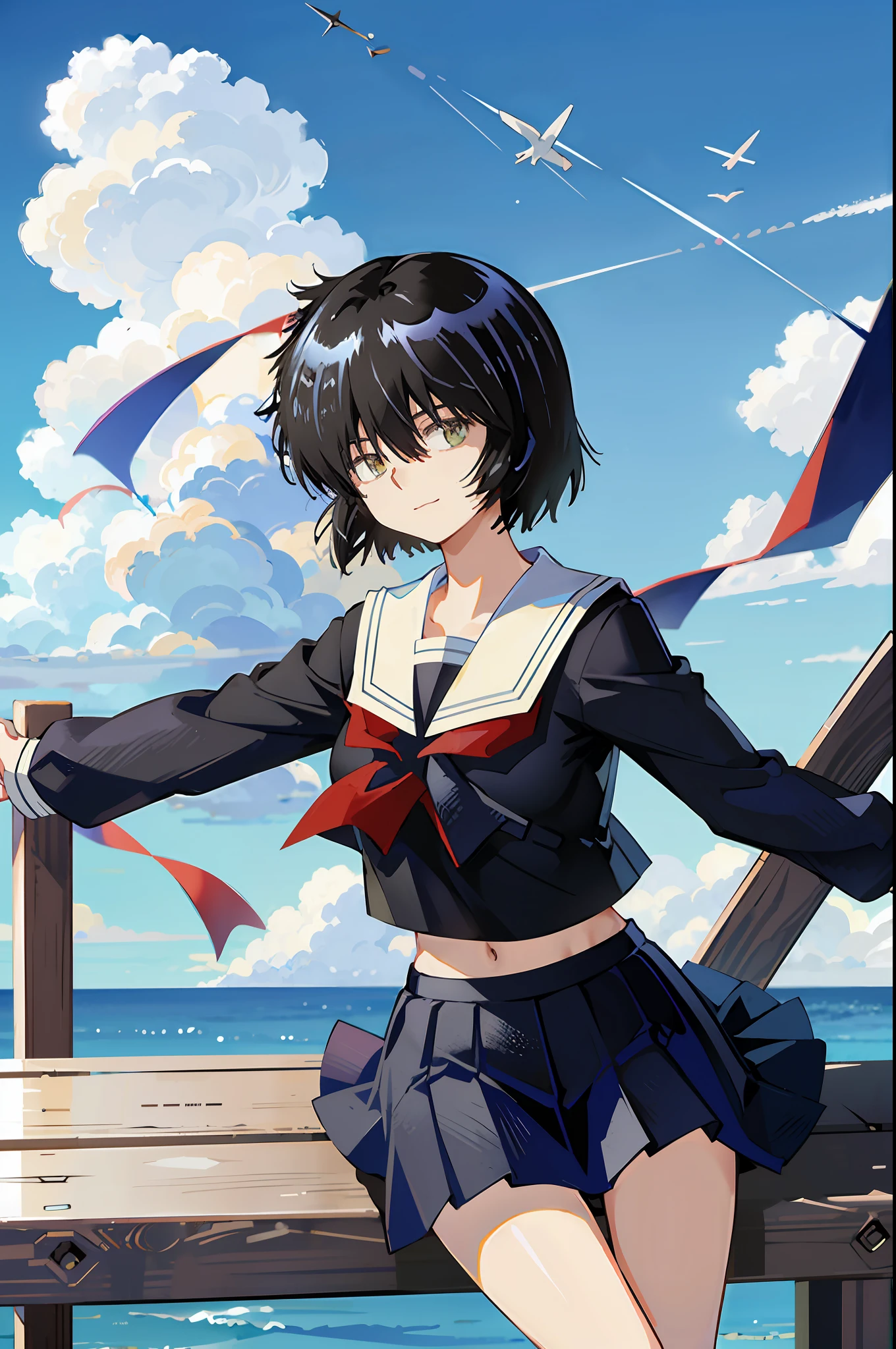 Mikoto urabe, 1girl, school uniform, skirt, solo, short hair, dark. green eyes, serafuku, black hair, sailor collar, shirt, long sleeves, blurry, looking at viewer, bow, blurry background, white shirt, stairs, pleated skirt, black skirt, smile, red bow, hair over eyes, bangs, depth of field, black sailor collar, sitting, outdoors, beach, light blue neckerchief, closed mouth, bowtie, blue skirt, akebisailor, show stomach, sexy pose,