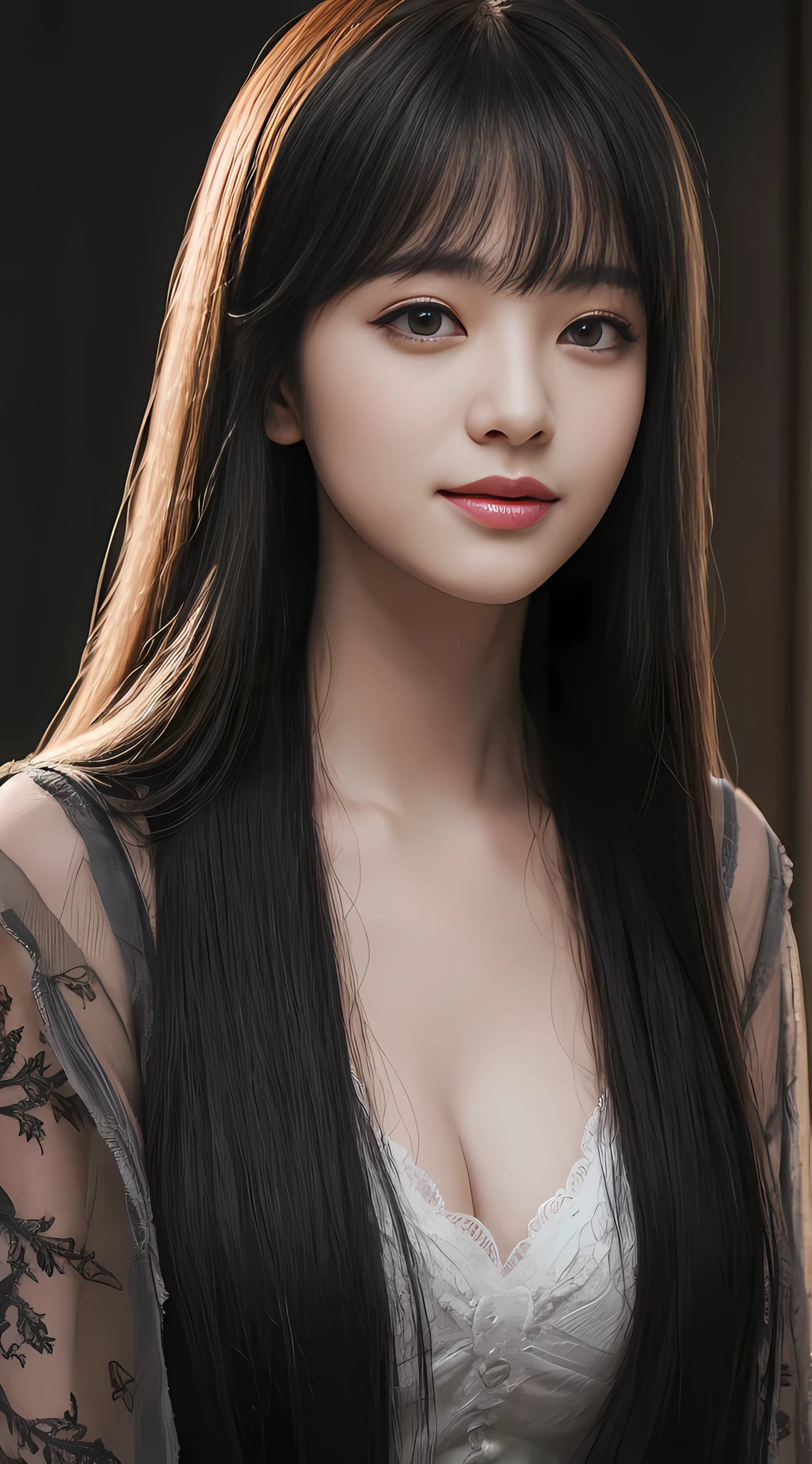 (Ultra Realistic), (Illustration), (Increased Resolution), (8K), (Extremely Detailed), (Best Illustration), (Beautiful and Detailed Eyes), (Best Quality), (Ultra Detailed), (Masterpiece ), ( wallpaper), (detailed face), solo, 1 girl, looking at viewer, fine details, detailed face, in the dark, deep shadows, low key, pureerosfaceace_v1, smiling, long hair, black shawl straight hair , 46 points oblique bangs