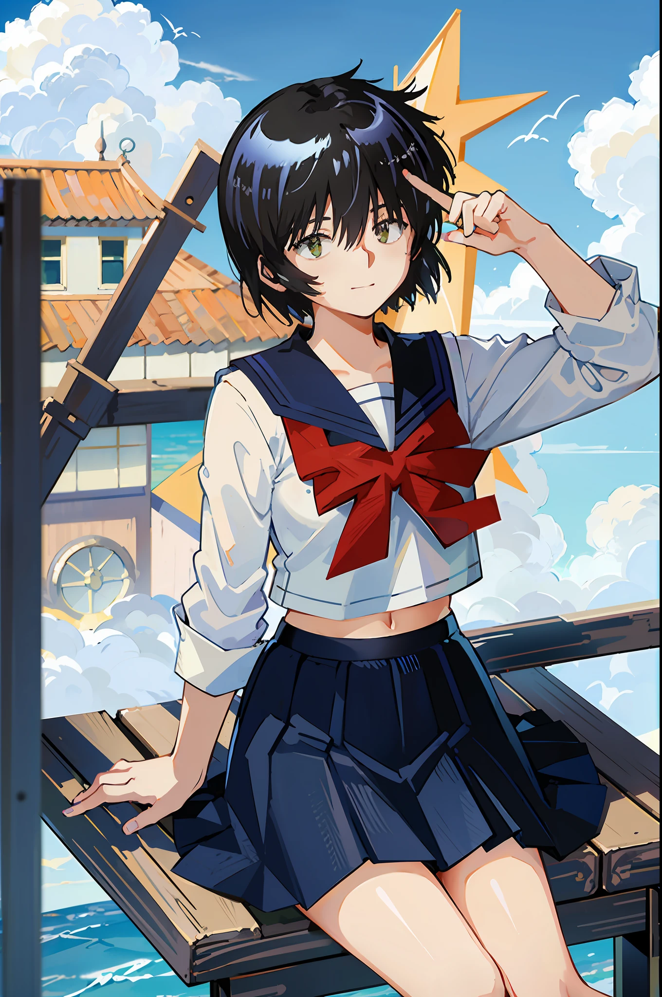 Mikoto urabe, 1girl, school uniform, skirt, solo, short hair, dark. green eyes, serafuku, black hair, sailor collar, shirt, long sleeves, blurry, looking at viewer, bow, blurry background, white shirt, stairs, pleated skirt, black skirt, smile, red bow, hair over eyes, bangs, depth of field, black sailor collar, sitting, outdoors, beach, light blue neckerchief, closed mouth, bowtie, blue skirt, akebisailor, show stomach, sexy pose,