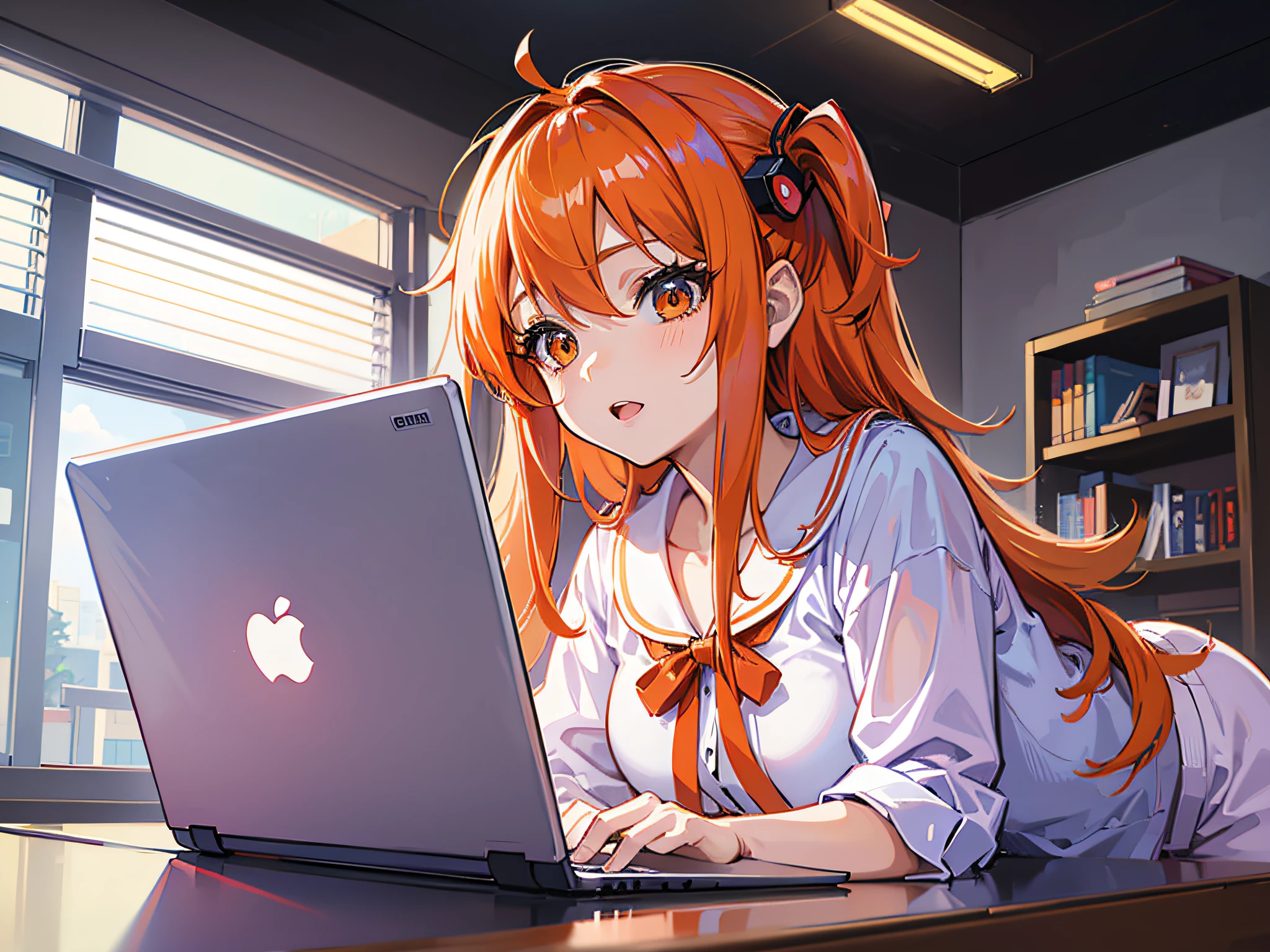 Anime - style image of a woman holding laptop in front of computer screen, long orange hair, wearing pajamas, anime style 4 K, anime moe art style, high quality anime art style, digital art on pixiv, detailed digital anime art, best anime 4k konachang wallpaper, young anime people, digital anime art