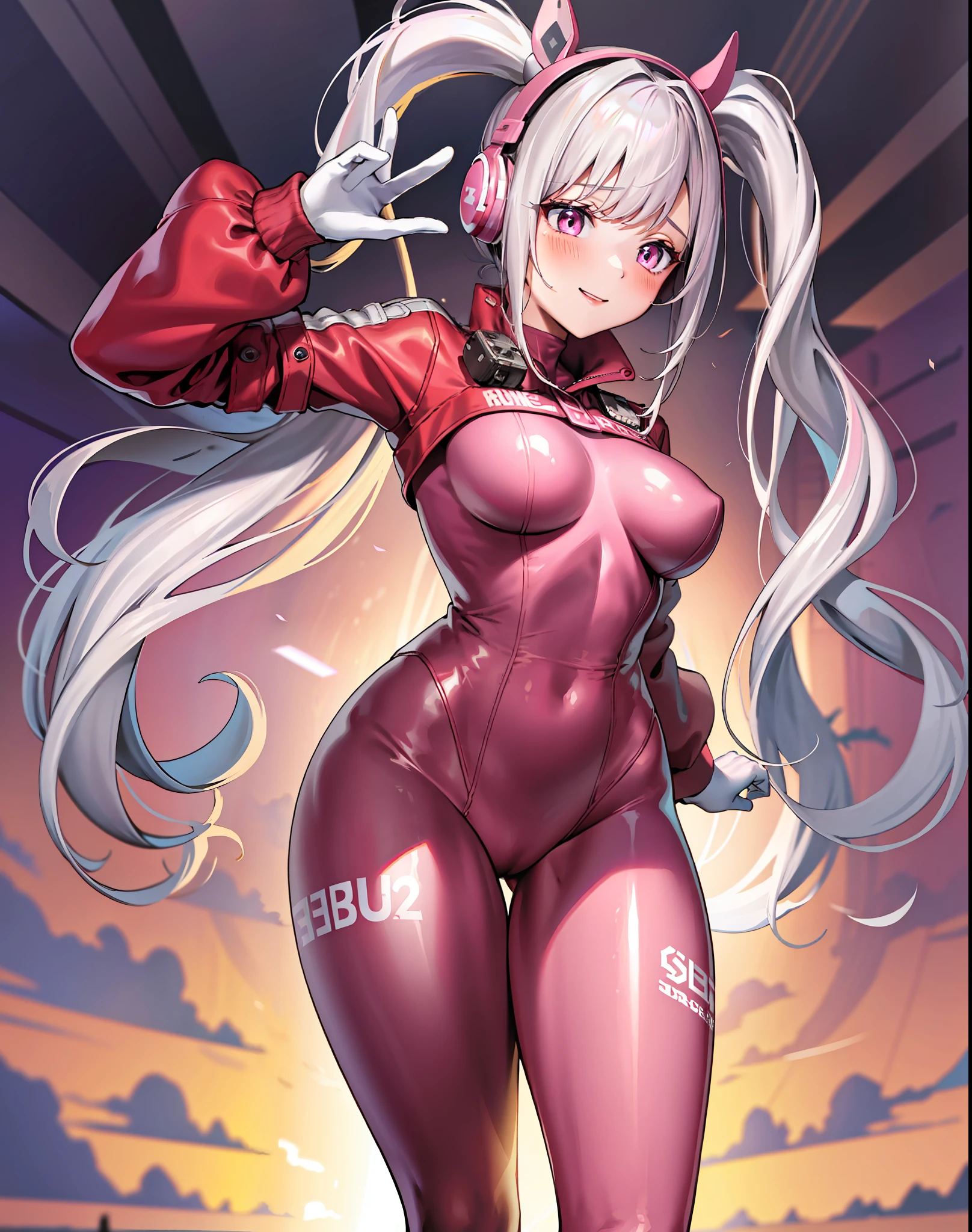 {{{masterpiece, best quality, illustration,game_cg}}}, 1girl, latex tights, pink tights, carved tights, {{{burst breasts}}}, pink, headphones, double ponytail, shiny, full body, bangs, long pink double ponytail, blush, gloves, impossible clothes, latex, latex jumpsuit, short coat, tight, shrugged\(clothes\), medium bust, thin waist, perfect figure, thin legs, long sleeves , looking at the audience, pink eyes, simple background, skin firmness, smile, solo, posing, very long hair, white gloves, white hair