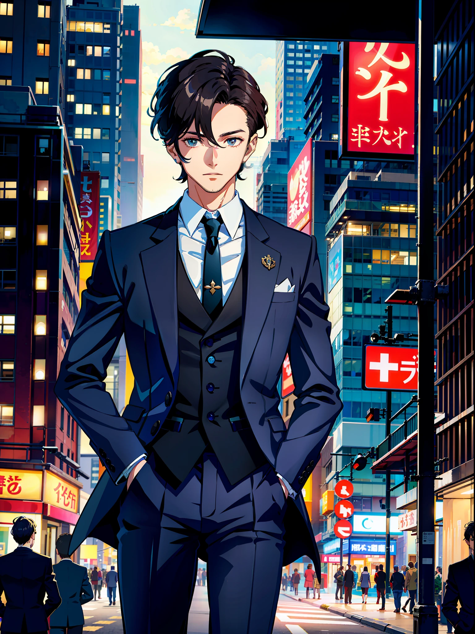 It is an illustration depicting a handsome man wearing sophisticated clothes. In the center of the screen stands an attractive man.
He is dressed stylishly and has a confident look. Sophisticated designs of suits and fashion items add to his charm.
His hairstyle is trendy, with a well-formed face and keen eyes. His expression exudes confidence and charisma, and he has a presence that attracts those around him.
The backdrop is an urban cityscape, with modern buildings and light effects adding color. He appears to assert his presence in the city.
Fine details are reproduced in the highest image quality, and pay close attention to men's clothing, hairstyles, and facial features. Please enjoy the illustrations depicting the appearance of a sophisticated handsome man.