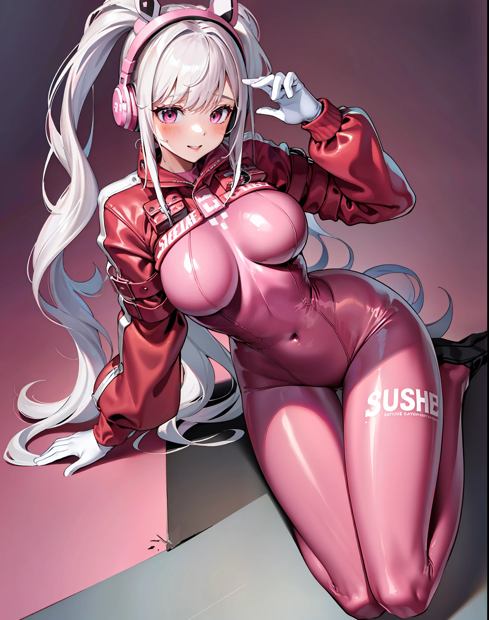 {{{masterpiece, best quality, illustration,game_cg}}}, 1girl, latex tights, pink tights, carved tights, {{{burst breasts}}}, pink, headphones, double ponytail, shiny, full body, bangs, long pink double ponytail, blush, gloves, impossible clothes, latex, latex jumpsuit, short coat, tight, shrugged\(clothes\), medium bust, thin waist, perfect figure, thin legs, long sleeves , looking at the audience, pink eyes, simple background, skin firmness, smile, solo, posing, very long hair, white gloves, white hair