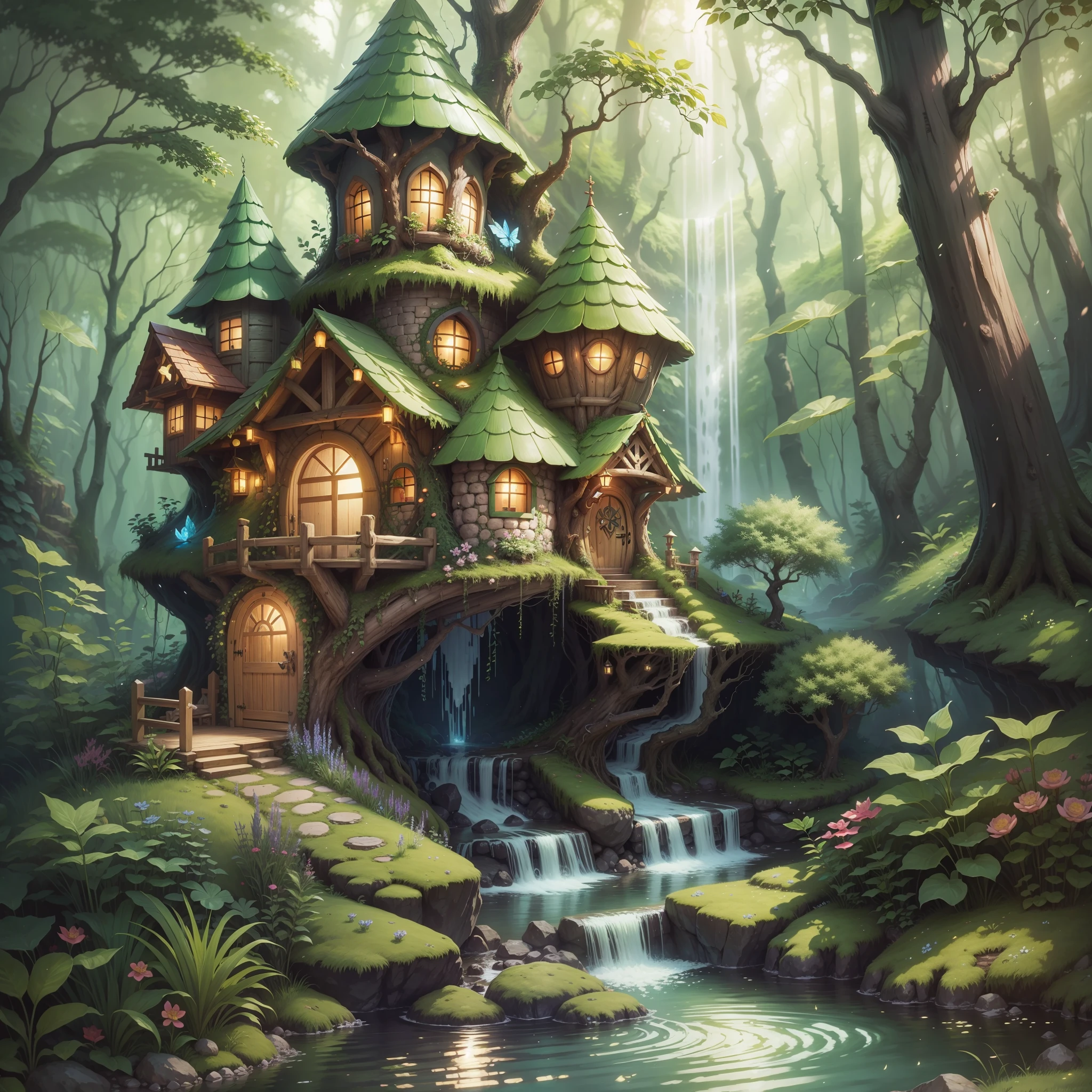 large fairy house located deep in an enchanted forest with a waterfall nearby flowing into a stream running in front of the fairy house --auto --s2