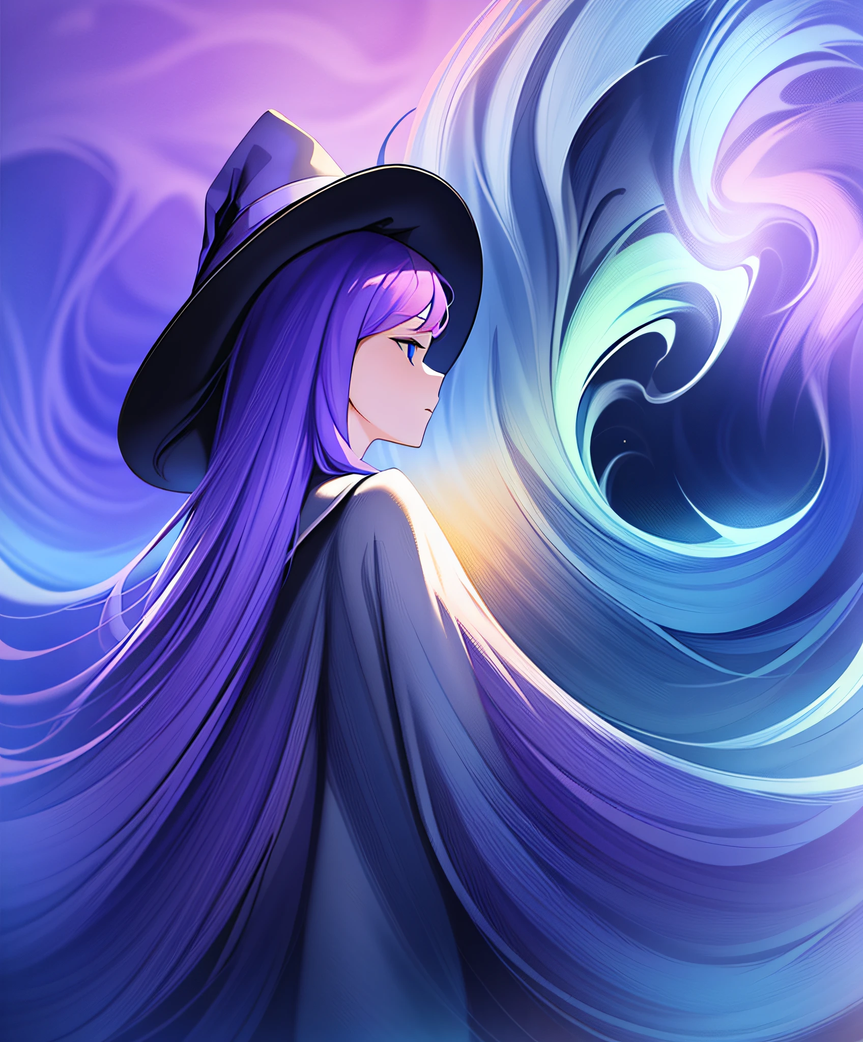 Witch, Cambridge blue colors, witch hat, witch outfit, surrounded by darkness and a wave of purple pink and blue energy, masterpiece, best quality