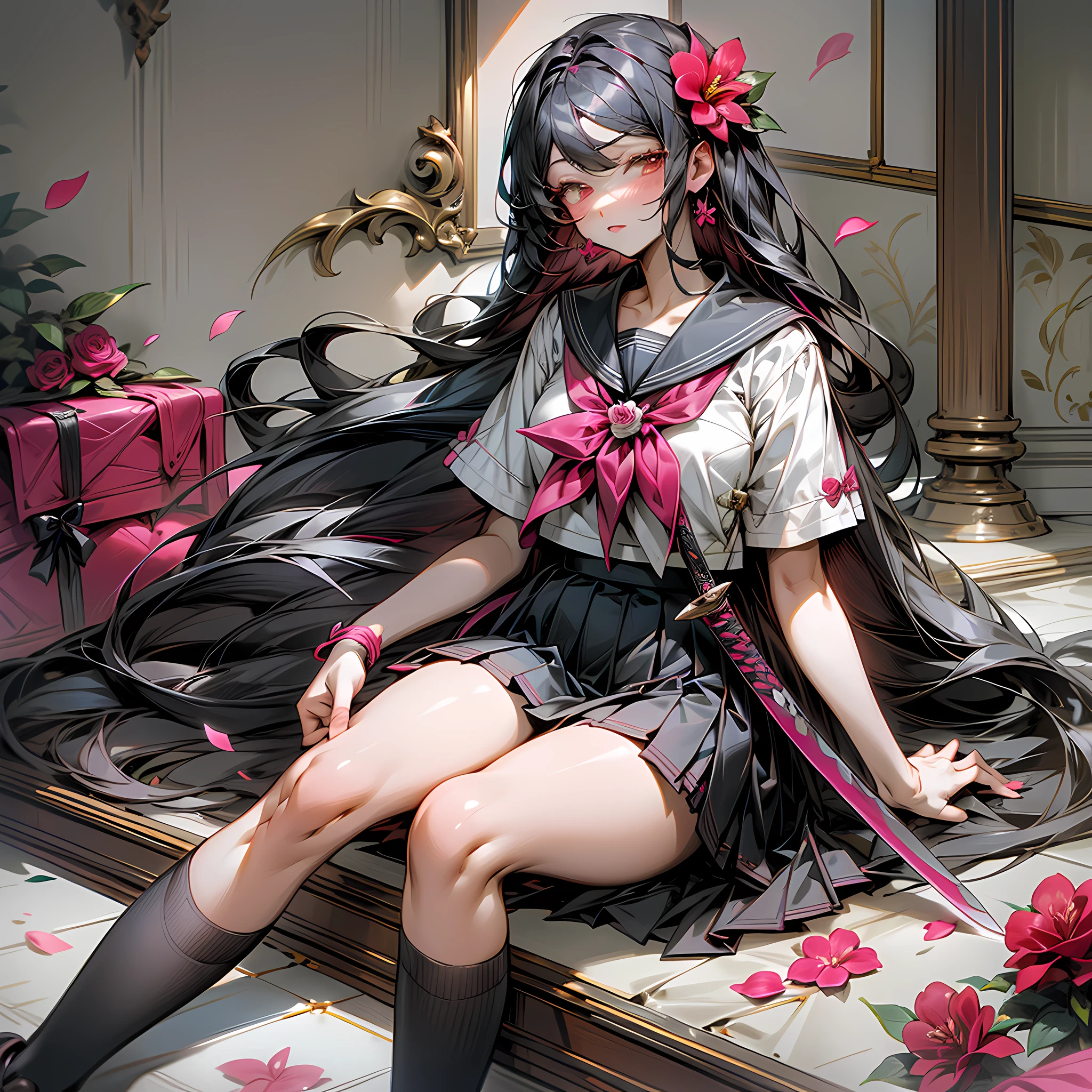 camellia, flower, red_flower, red_rose, rose, sword, weapon, katana, 1girl, pink_rose, pink_flower, spider_lily, shoes, long_hair, school_uniform, serafuku, sheath, skirt, solo, holding_sword, sheathed, vase, looking_at_viewer, sitting, orange_flower, pleated_skirt, rose_petals, black_shirt, black_legwear, black_skirt, holding_sheath, hibiscus, very_long_hair, parted_lips, loafers, sailor_collar, black_hair, neckerchief