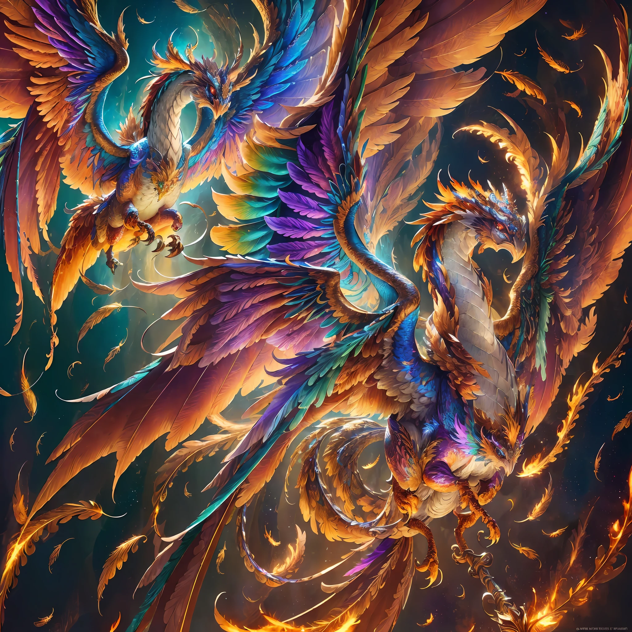 (masterpiece), best quality, ultra-detailed, extremely detailed CG unit wallpaper 8k, (exquisite dragon phoenix plumage in motion), (dynamic angle, dynamic pose), (delicately detailed and ornate feathers), (bright eyes), (multicolored scales), (colorful and vibrant background), (volumetric light) --auto --s2