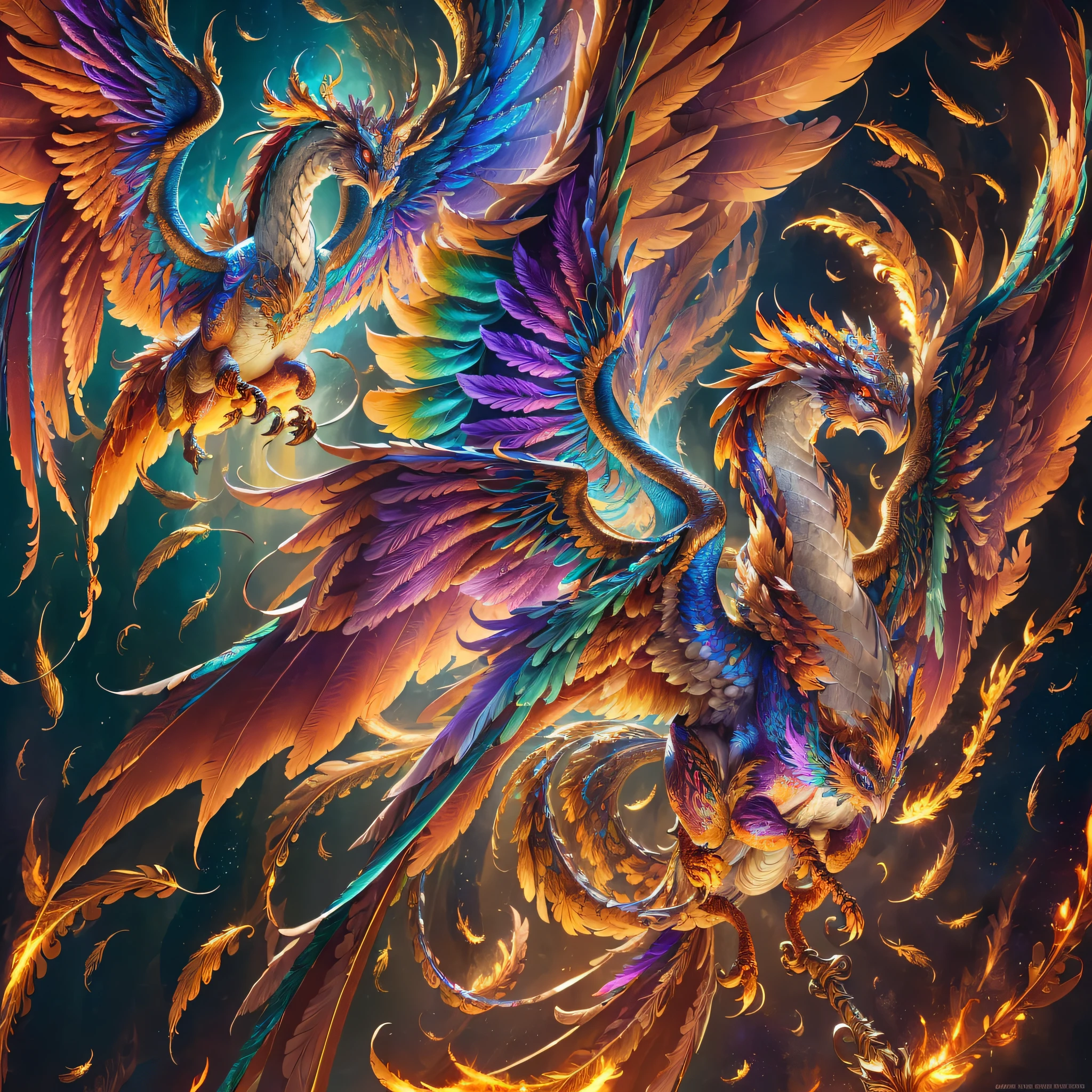 (masterpiece), best quality, ultra-detailed, extremely detailed CG unit wallpaper 8k, (exquisite dragon phoenix plumage in motion), (dynamic angle, dynamic pose), (delicately detailed and ornate feathers), (bright eyes), (multicolored scales), (colorful and vibrant background), (volumetric light) --auto --s2