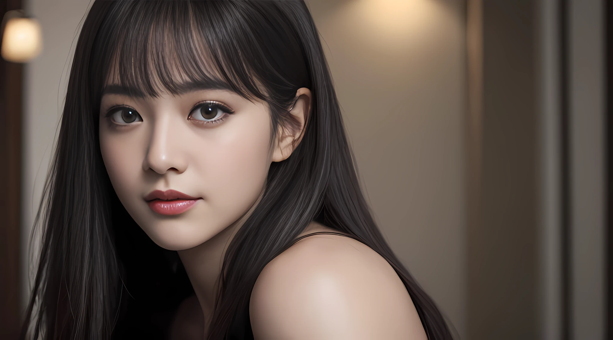 (Ultra Realistic), (Illustration), (Increased Resolution), (8K), (Extremely Detailed), (Best Illustration), (Beautiful and Detailed Eyes), (Best Quality), (Ultra Detailed), (Masterpiece ), ( wallpaper), (detailed face), solo, 1 girl, looking at viewer, fine details, detailed face, in the dark, deep shadows, low key, pureerosfaceace_v1, smiling, long hair, black shawl straight hair , 46 points oblique bangs
