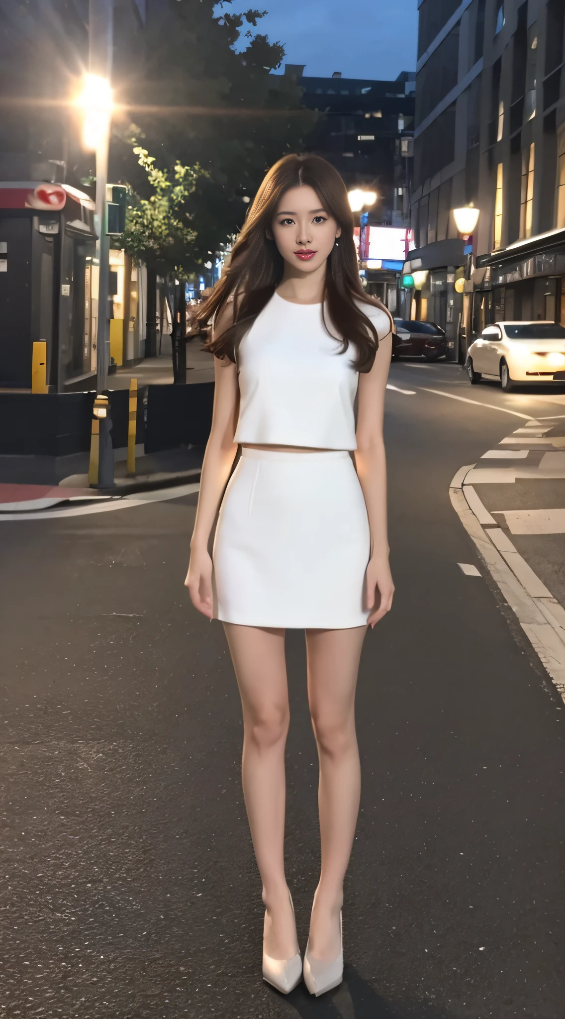 ((Realistic lighting, Best quality, 8K, Masterpiece: 1.3)), Clear focus: 1.2, 1girl, Perfect figure beauty: 1.4, Slim abs: 1.1, ((dark brown hair)), (White dress: 1.4), (Outdoor, night: 1.1), City street, Super fine face, fine eyes, double eyelids, black skirt, full body.