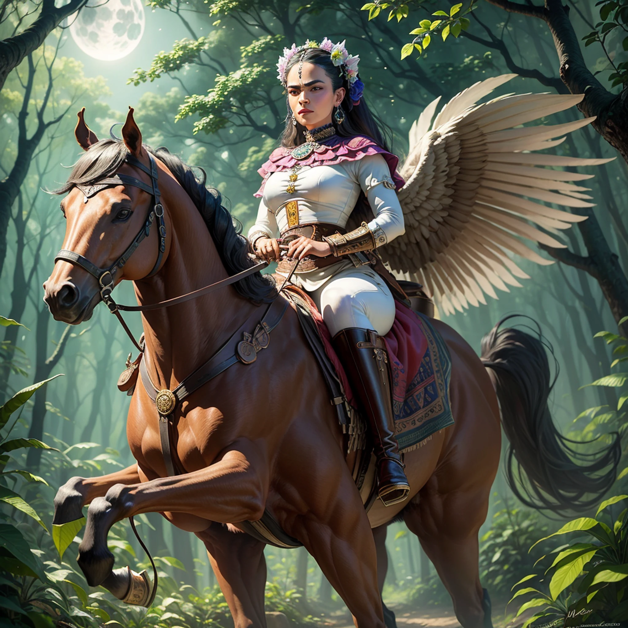 Magdalena Carmen Frida Kahlo and Calderón, futuristic, high resolution, 4k, super realistic, on horseback, white, in the forest, at night, moonlight --auto --s2