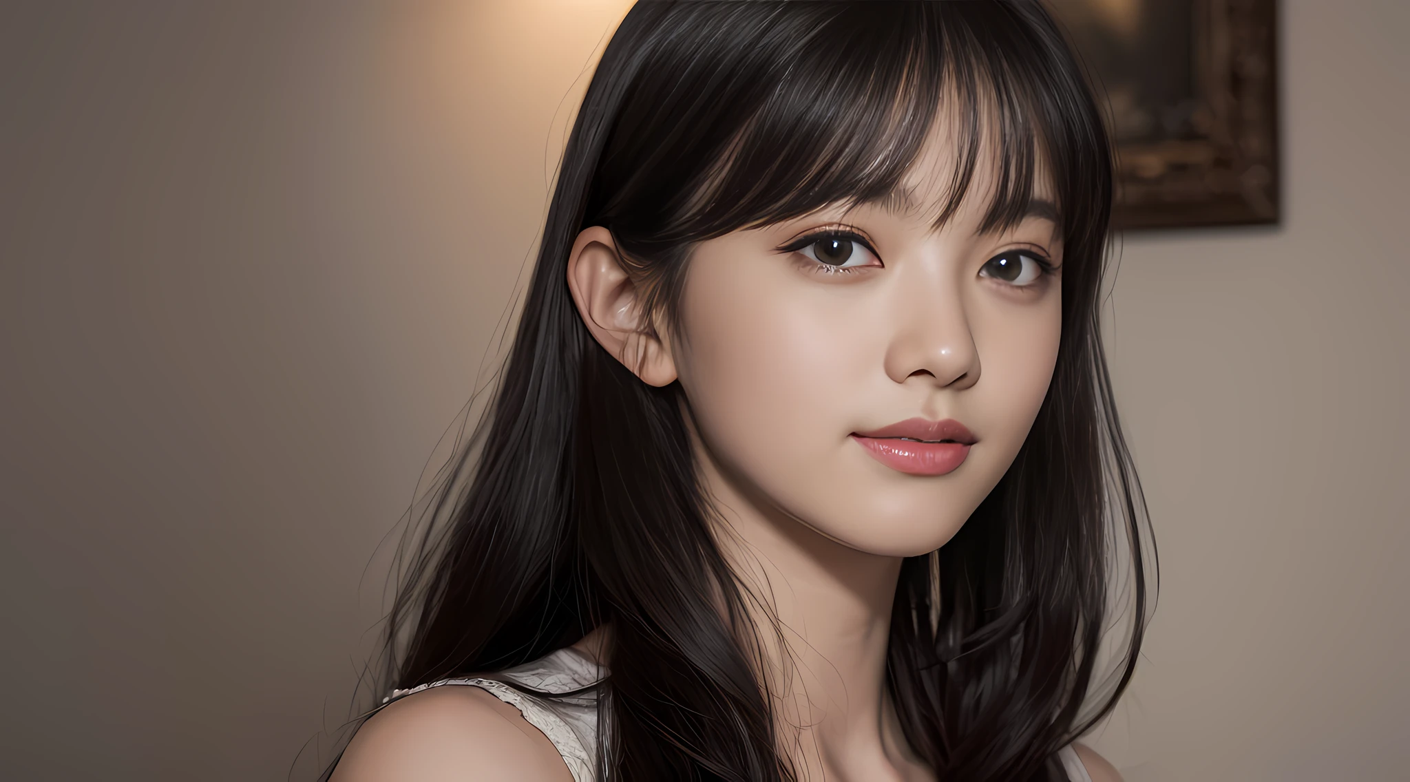 (Ultra Realistic), (Illustration), (Increased Resolution), (8K), (Extremely Detailed), (Best Illustration), (Beautiful and Detailed Eyes), (Best Quality), (Ultra Detailed), (Masterpiece ), ( wallpaper), (detailed face), solo, 1 girl, looking at viewer, fine details, detailed face, in the dark, deep shadows, low key, pureerosfaceace_v1, smiling, long hair, black shawl straight hair , 46 points oblique bangs