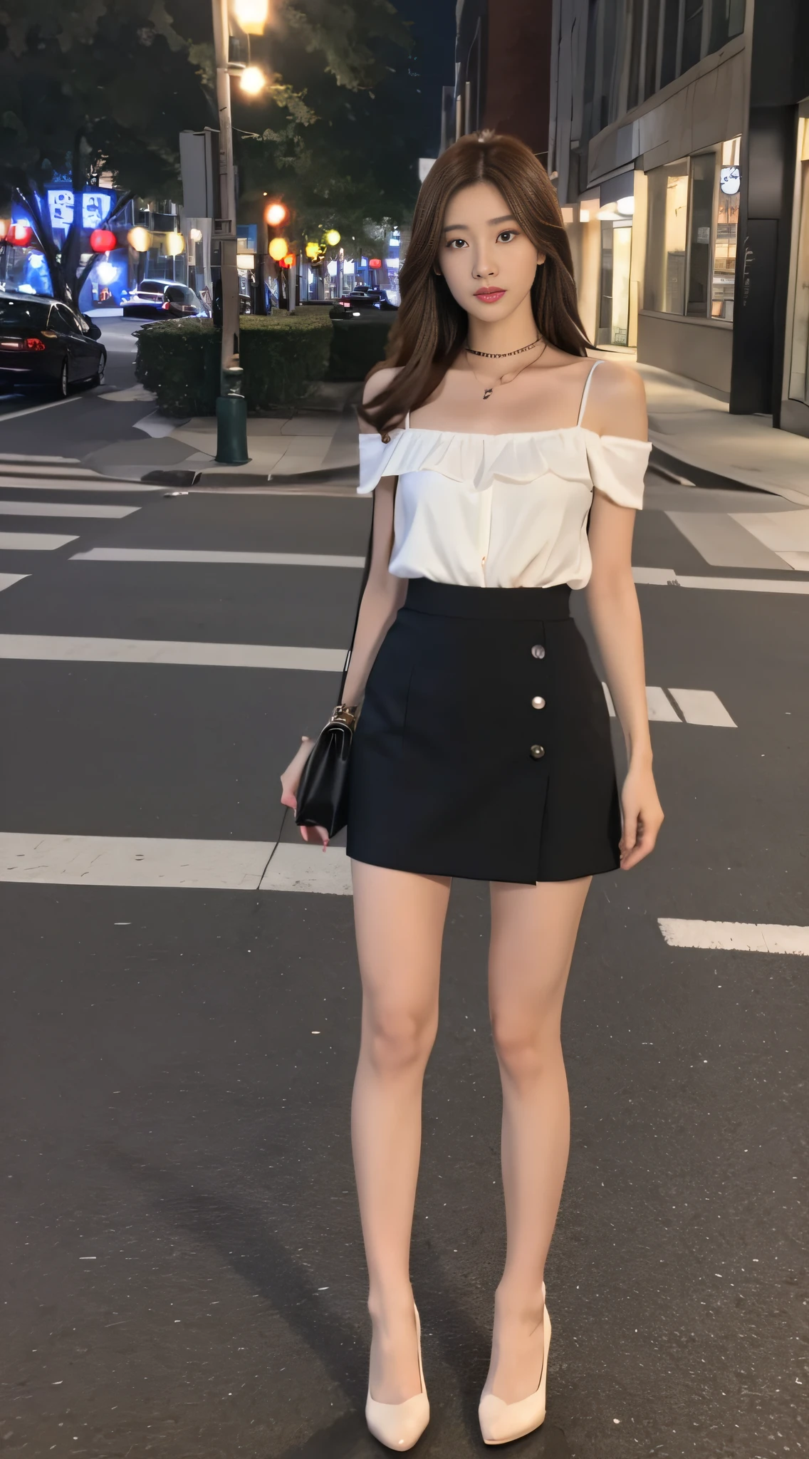((Realistic lighting, Best quality, 8K, Masterpiece: 1.3)), Clear focus: 1.2, 1girl, Perfect figure beauty: 1.4, Slim abs: 1.1, ((dark brown hair)), (White dress: 1.4), (Outdoor, night: 1.1), City street, Super fine face, fine eyes, double eyelids, black skirt, full body.