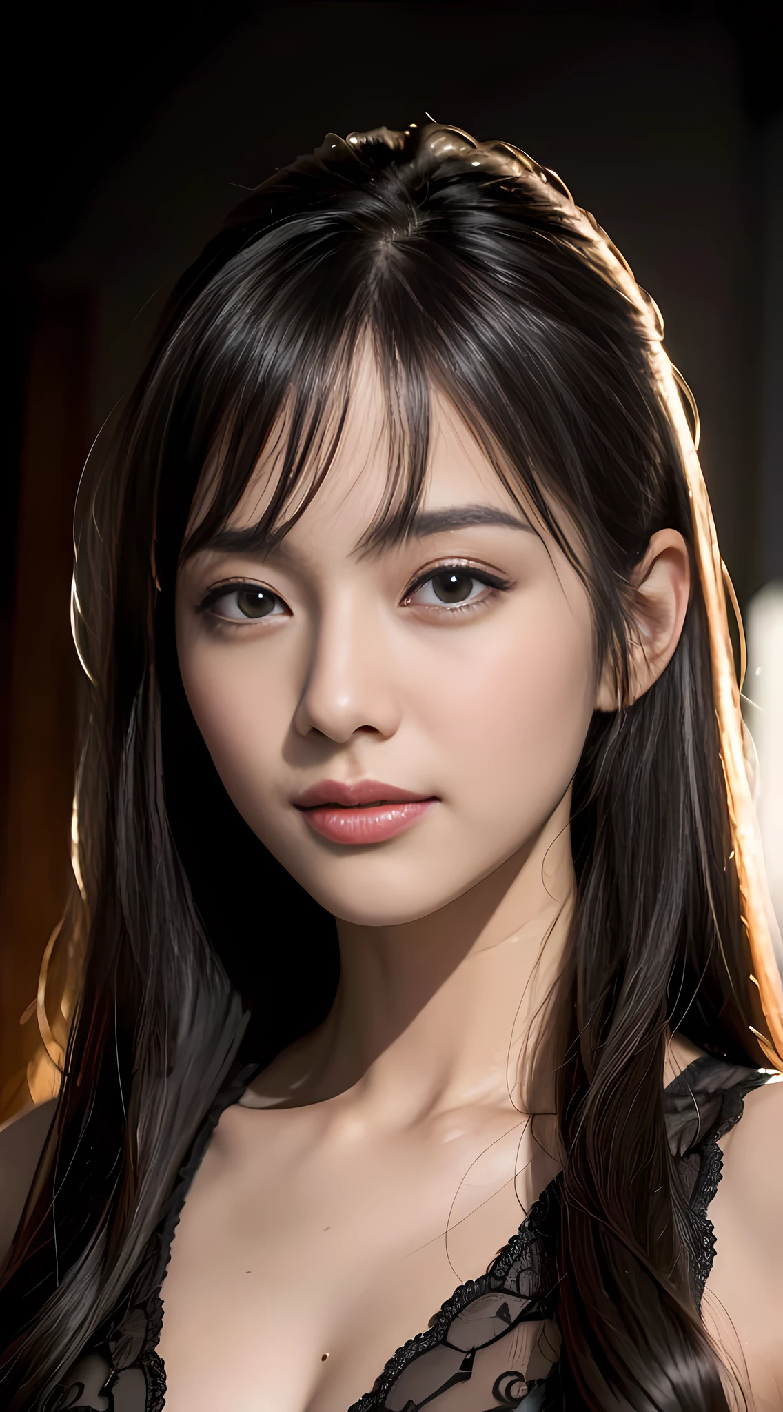 (Ultra Realistic), (Illustration), (Increased Resolution), (8K), (Extremely Detailed), (Best Illustration), (Beautiful and Detailed Eyes), (Best Quality), (Ultra Detailed), (Masterpiece ), ( wallpaper), (detailed face), solo, 1 girl, looking at viewer, fine details, detailed face, in the dark, deep shadows, low key, pureerosfaceace_v1, smiling, long hair, black shawl straight hair , 46 points oblique bangs