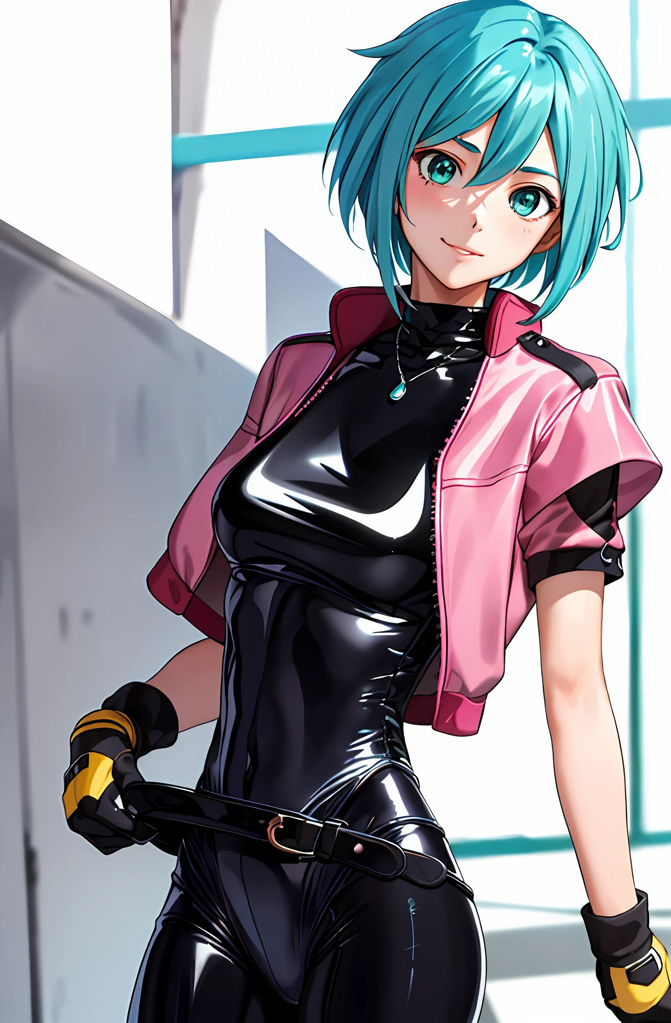 (Masterpiece), (Best Quality), (Perfect Face),1 Girl, Allenby, (Aqua Hair 1.2),Black and Pink Bodysuit, Cowboy Shot,Rubber Bodysuit, Urban