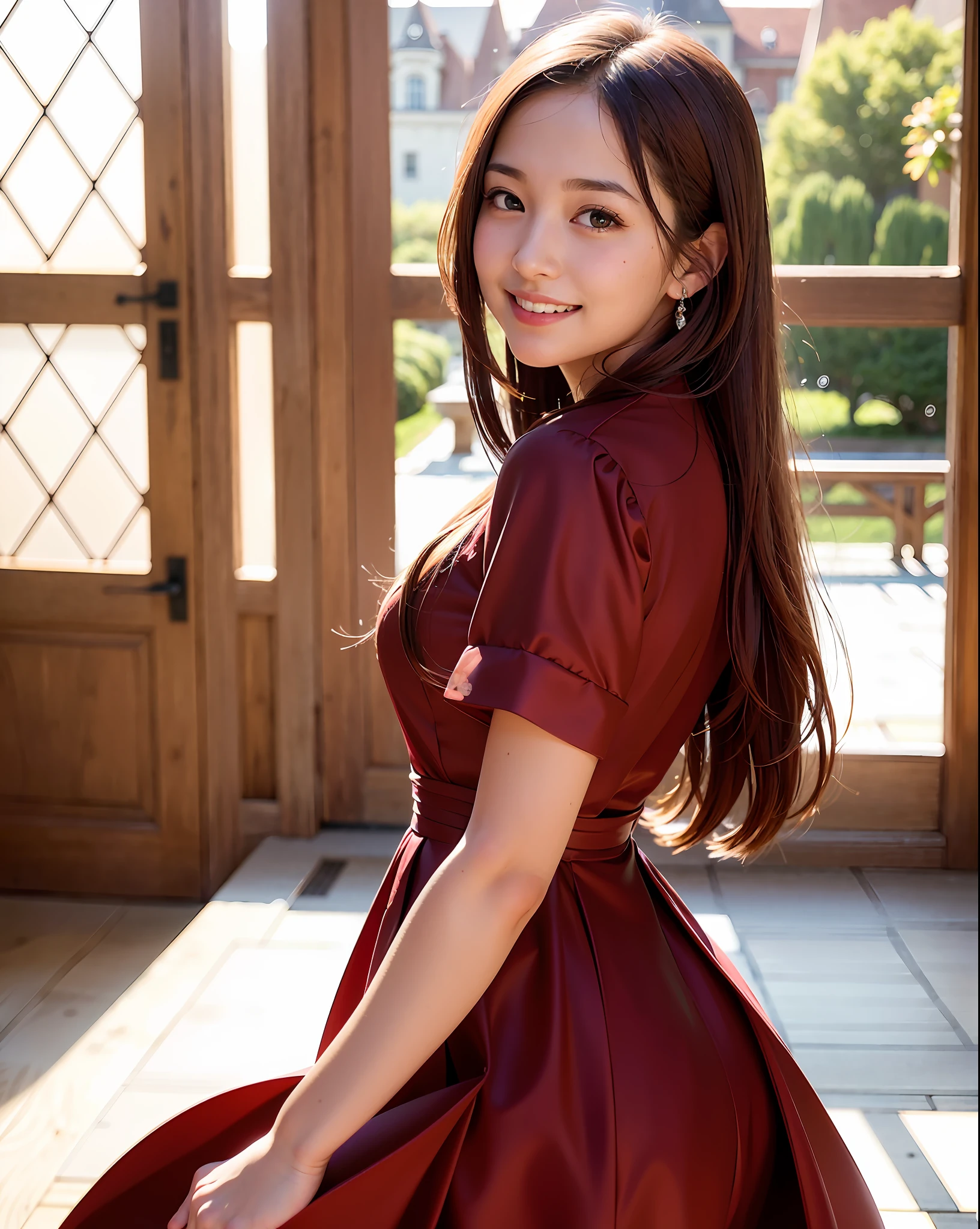 best quality, face focus, soft light, (depth of field) ,ultra high res, (photorealistic:1.4), RAW photo, (portrait:1.4) ,(from side:1.2) 1japanese girl, solo, cute, (shy, smile:1.1), (brown eyes), detailed beautiful face, (midi_hair), The Great Hall of a European Castle, walking, (burgundy formal long dress:1.4)
