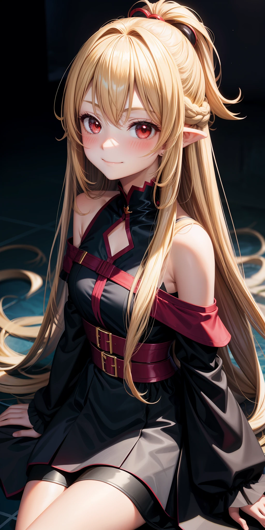 anime, girl single, blonde, long hair, red eyes, off-shoulder, black dress, sitting, upward-looked, blush, little smile