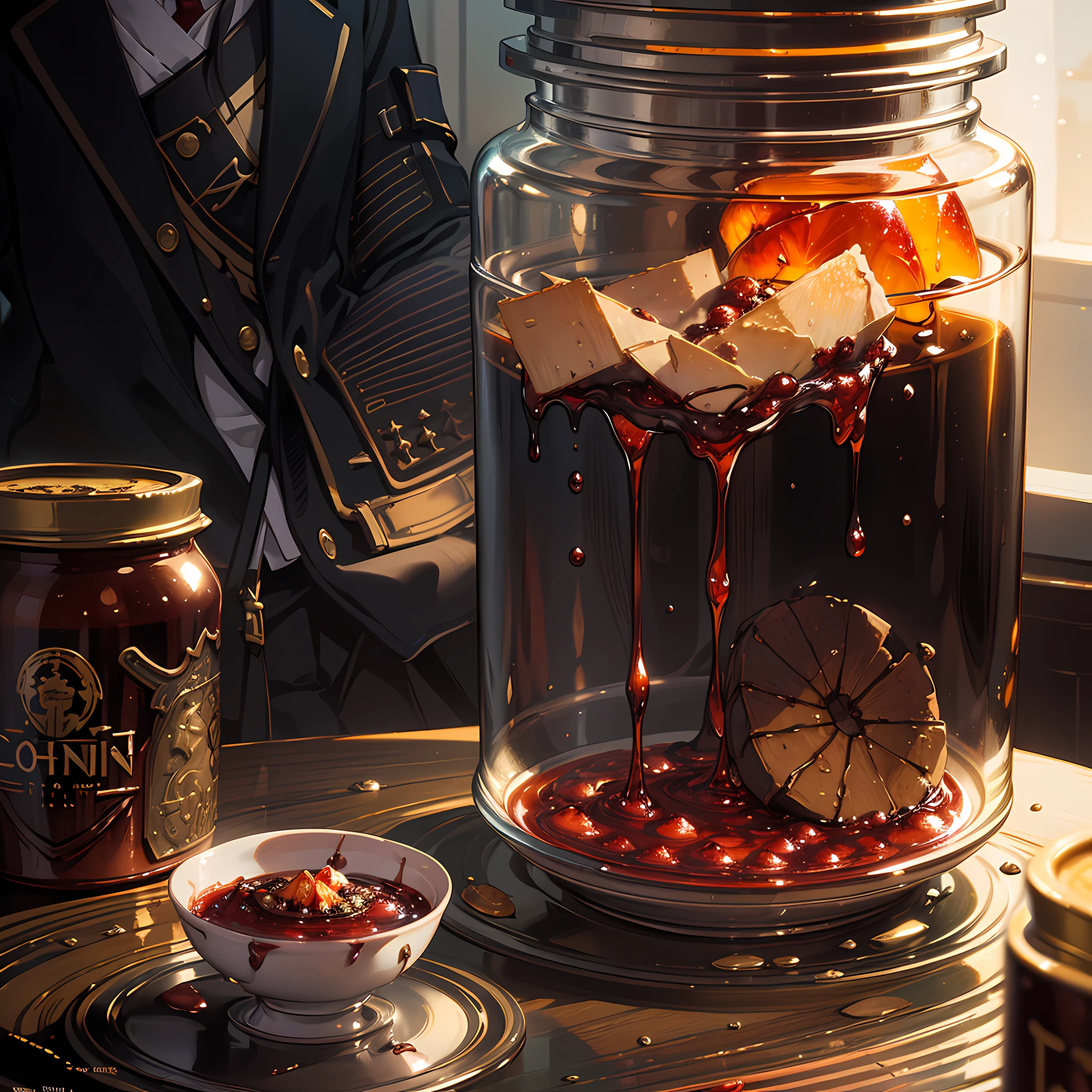 Everything is stained with jam, half empty, half empty, ((jam flows from the side of the jar to the table))) (high-tech interior style and futurism), intricate detail, fine detail, hyperdetail, ray tracing, subsurface scattering, diffuse soft light, shallow depth of field, intricacies, high detail, sharp focus bokeh, ((art by James Jeam, art by Krenz cushart))