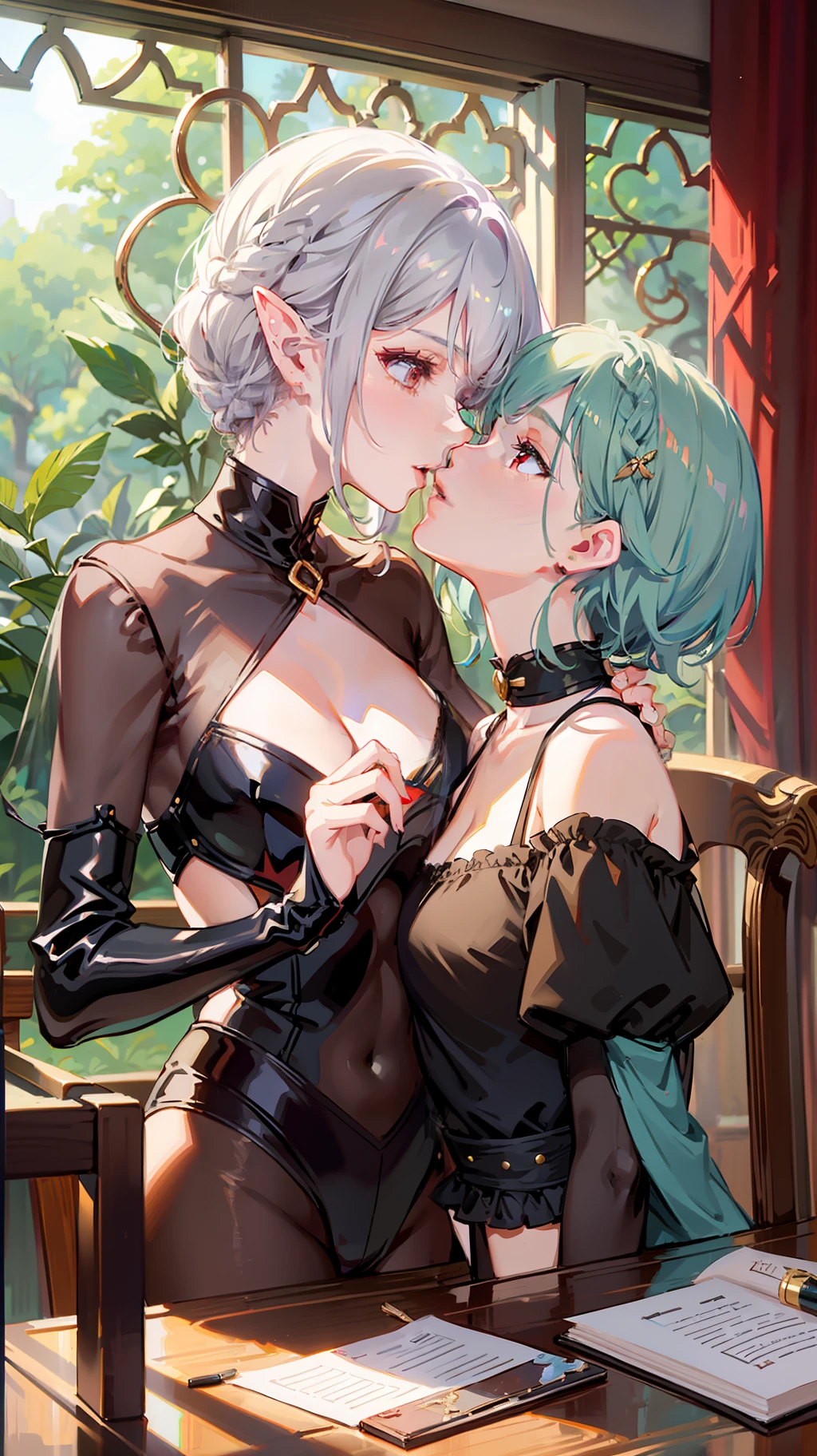 2 girls, elves, silver hair, red eyes, bob cut, braids, lilies, kisses, concept art, beautiful anime scenes, beautiful anime scenery, top rated on pixiv, best quality, 4K