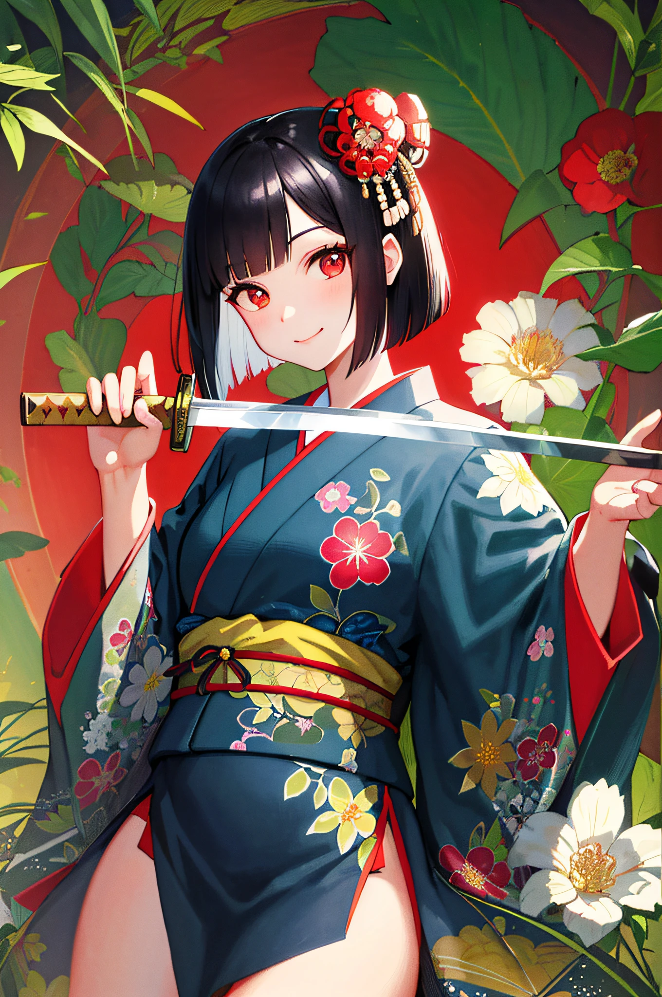 ((masterpiece, super detailed, fine detail, top quality, illustration)), one girl, solo, high resolution, viewer watching, red eyes, black hair, bob cut, floral hair ornament, smile, floral kimono, Japan garden, bamboo forest, white gravel garden, shoji door, shining sunlight, feminine, traditional, picture postcard, oriental aesthetic, elegant, beautiful, detailed, bright colors, high contrast, dynamic and realistic lighting, traditional painting style, illustration aesthetics, ((holding a Japan sword)), thighs, big, nose, mouth closed,