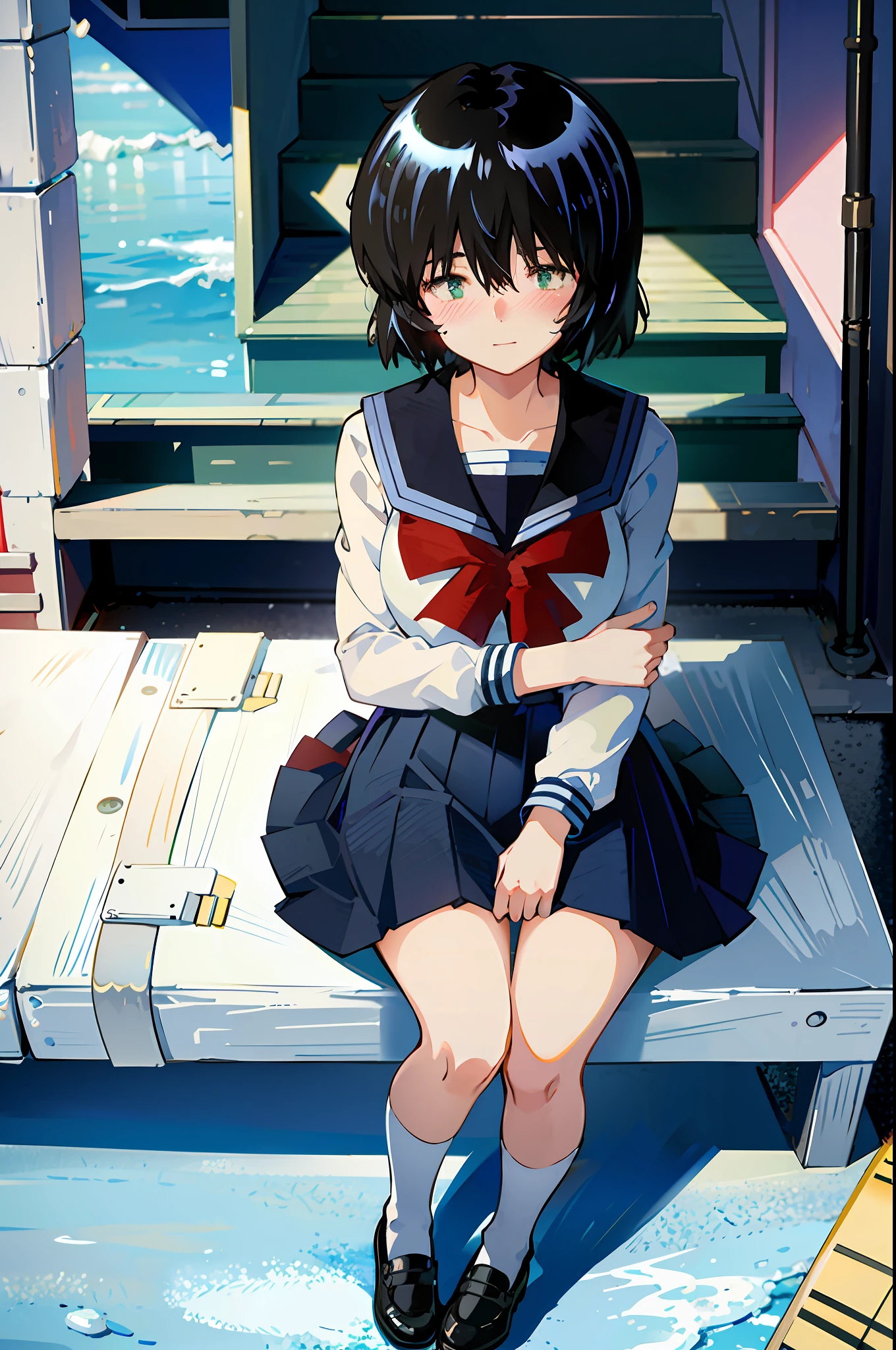 Mikoto urabe, 1girl, school uniform, skirt, solo, short hair, dark. green eyes, serafuku, black hair, sailor collar, shirt, long sleeves, blurry, looking at viewer, bow, blurry background, white shirt, stairs, pleated skirt, black skirt, red bow, hair over eyes, bangs, depth of field, black sailor collar, sitting, outdoors, beach, light blue neckerchief, closed mouth, bowtie, blue skirt, akebisailor, show stomach, sexy pose, ((blush)), shy, smile,