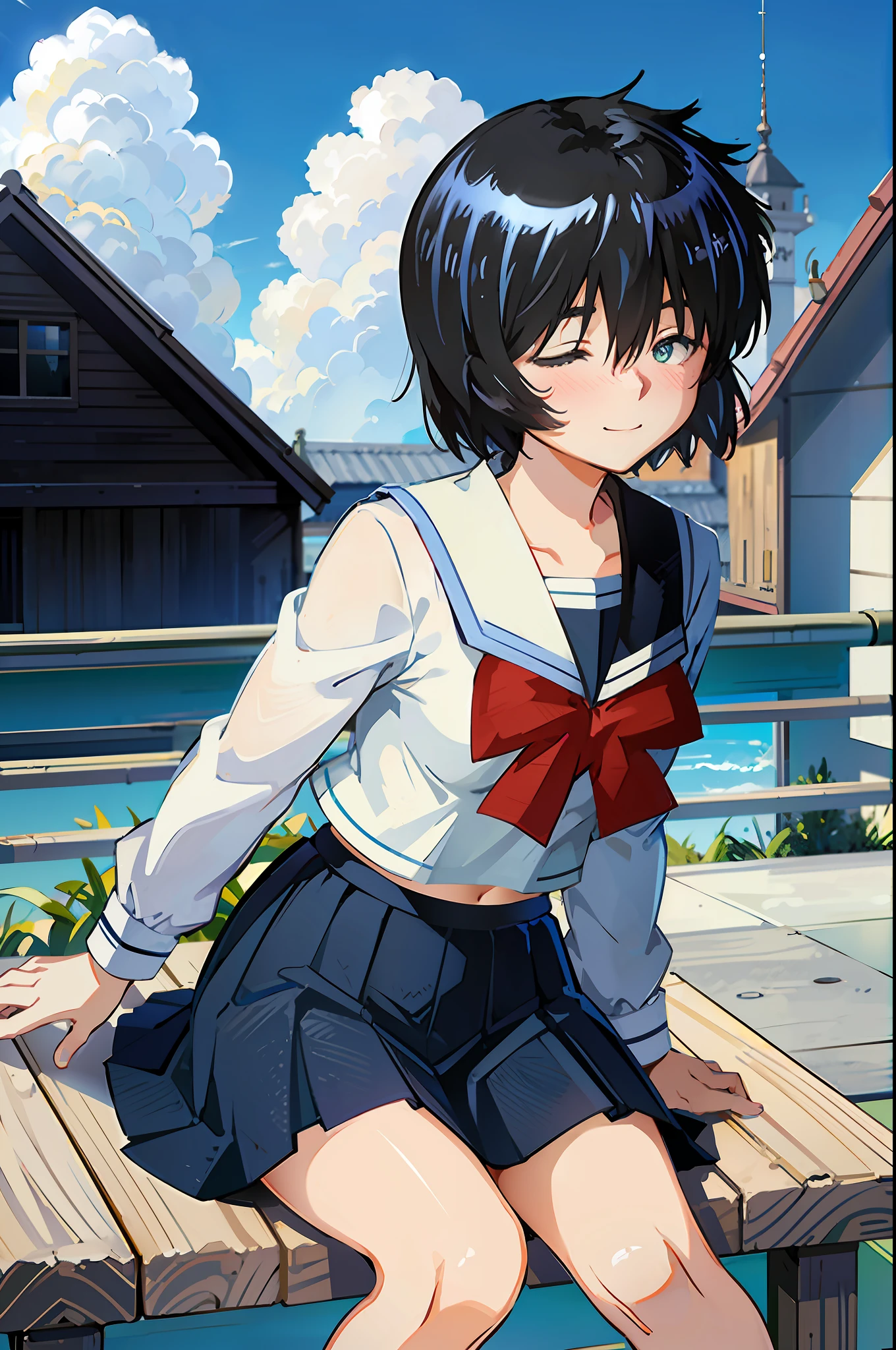 Mikoto urabe, 1girl, school uniform, skirt, solo, short hair, dark. green eyes, serafuku, black hair, sailor collar, shirt, long sleeves, blurry, looking at viewer, bow, blurry background, white shirt, stairs, pleated skirt, black skirt, red bow, hair over eyes, bangs, depth of field, black sailor collar, sitting, outdoors, beach, light blue neckerchief, closed mouth, bowtie, blue skirt, akebisailor, show stomach, sexy pose, ((blush)), shy, smile,