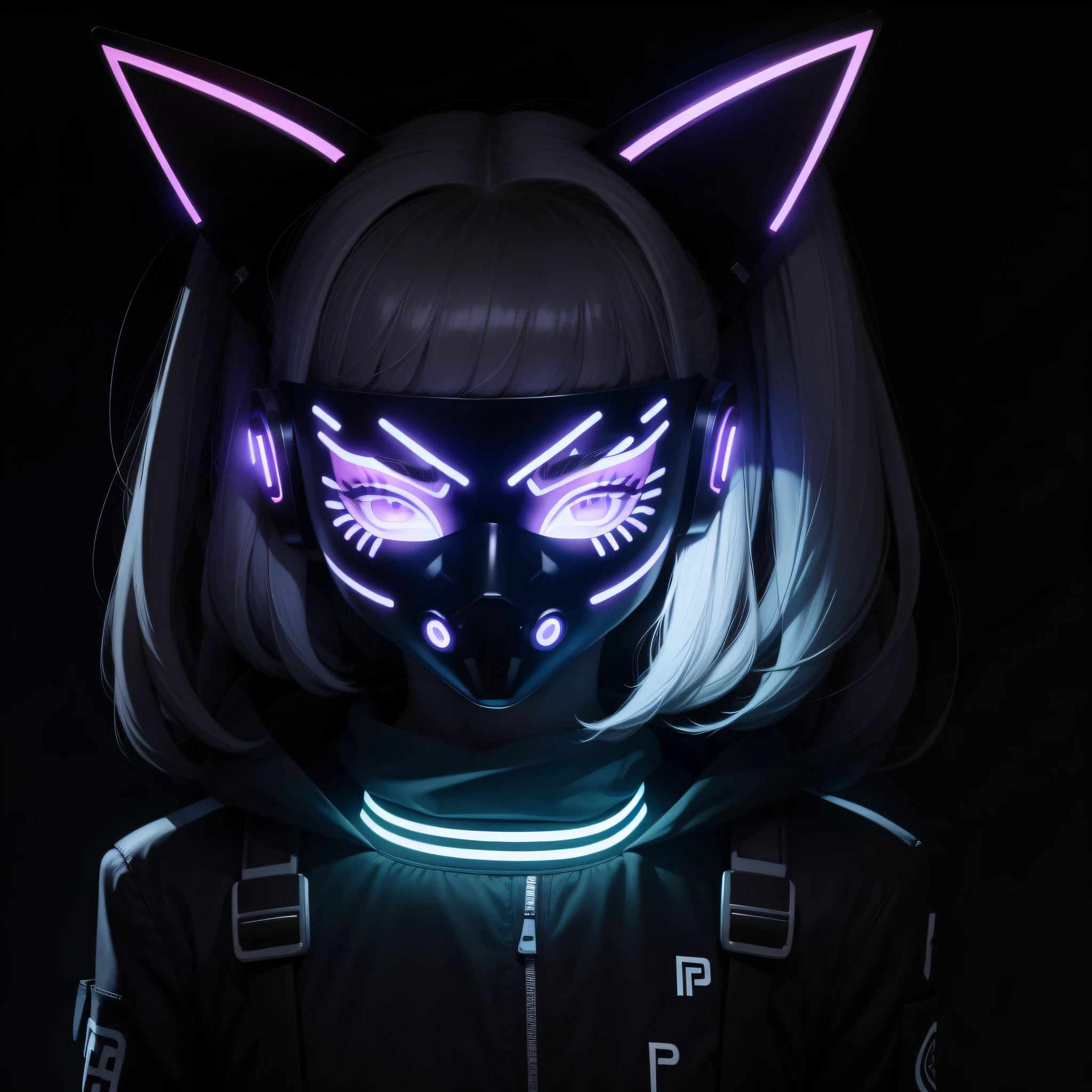 Character for PFP logo of a girl wearing a cybernetic LED mask that covers her face, the LEDs on the mask form a cat