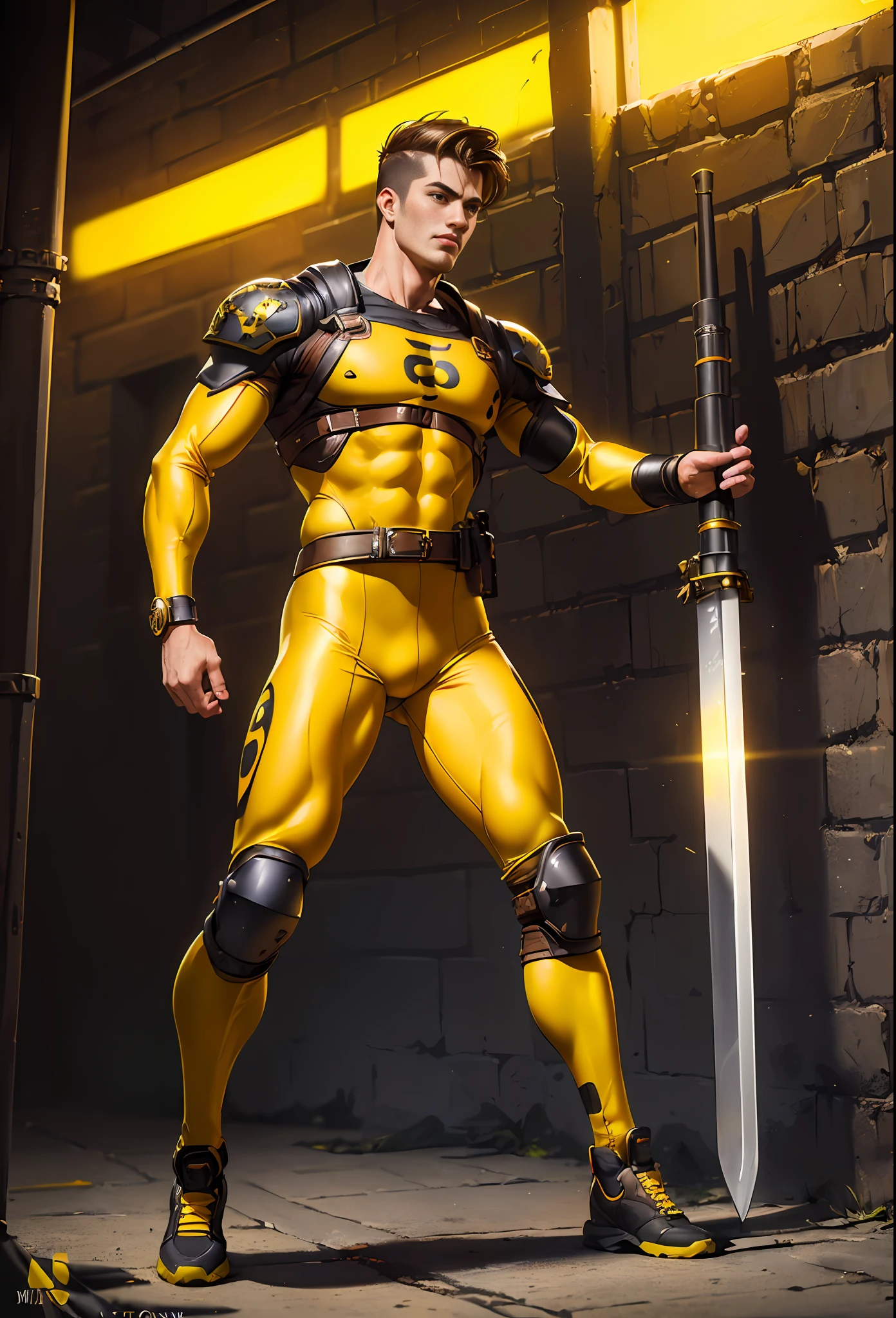 (
(Character: 1 swordsman man, 20 years old, european:1.4,brown hair, short-cut, strong muscular man),(holding a bazooka:1.3)
(yellow fashion cyberpunk clothes:1.3,shoulder pads:1.3,knee pad)
(Pose: full body:1.3)
(Background:dark alley, intense urban lights in background, foggy, night, yellow color scheme)
(Style: ((Best quality)), ((masterpiece)), (face detailed:1.4),photo-realistic:1.3,hyperrealistic)
)