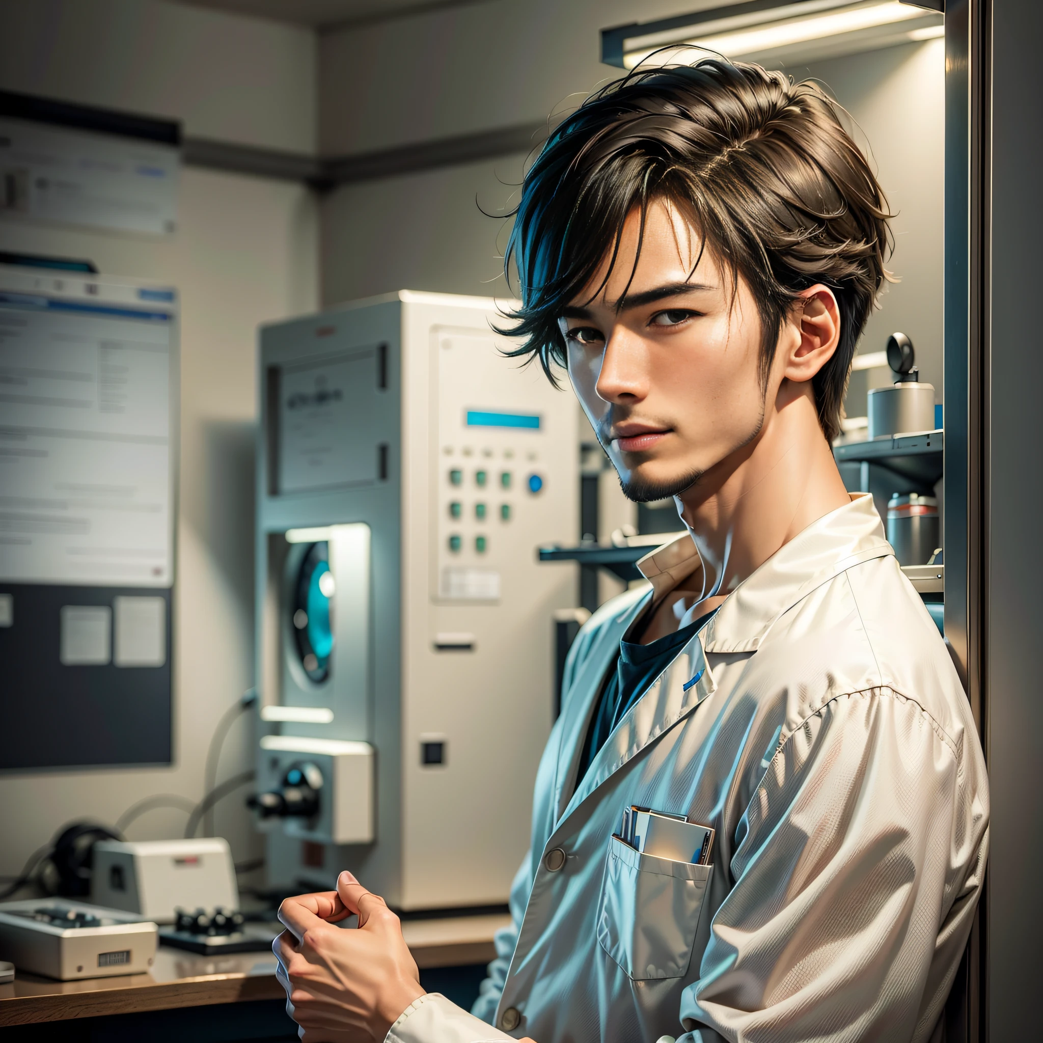 Best quality, masterpiece, ultra high res, (photo realistic:1.4), background in the research facility, image of Japan slim handsome man about 24 years old, scientist style,