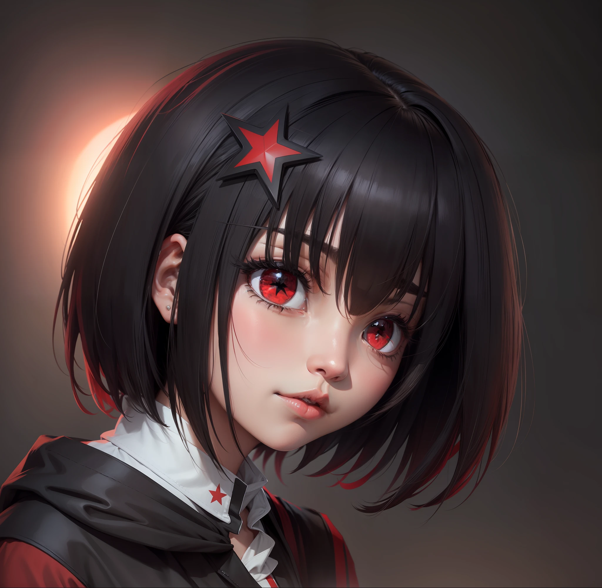 Short black hair with red stars in hairpins