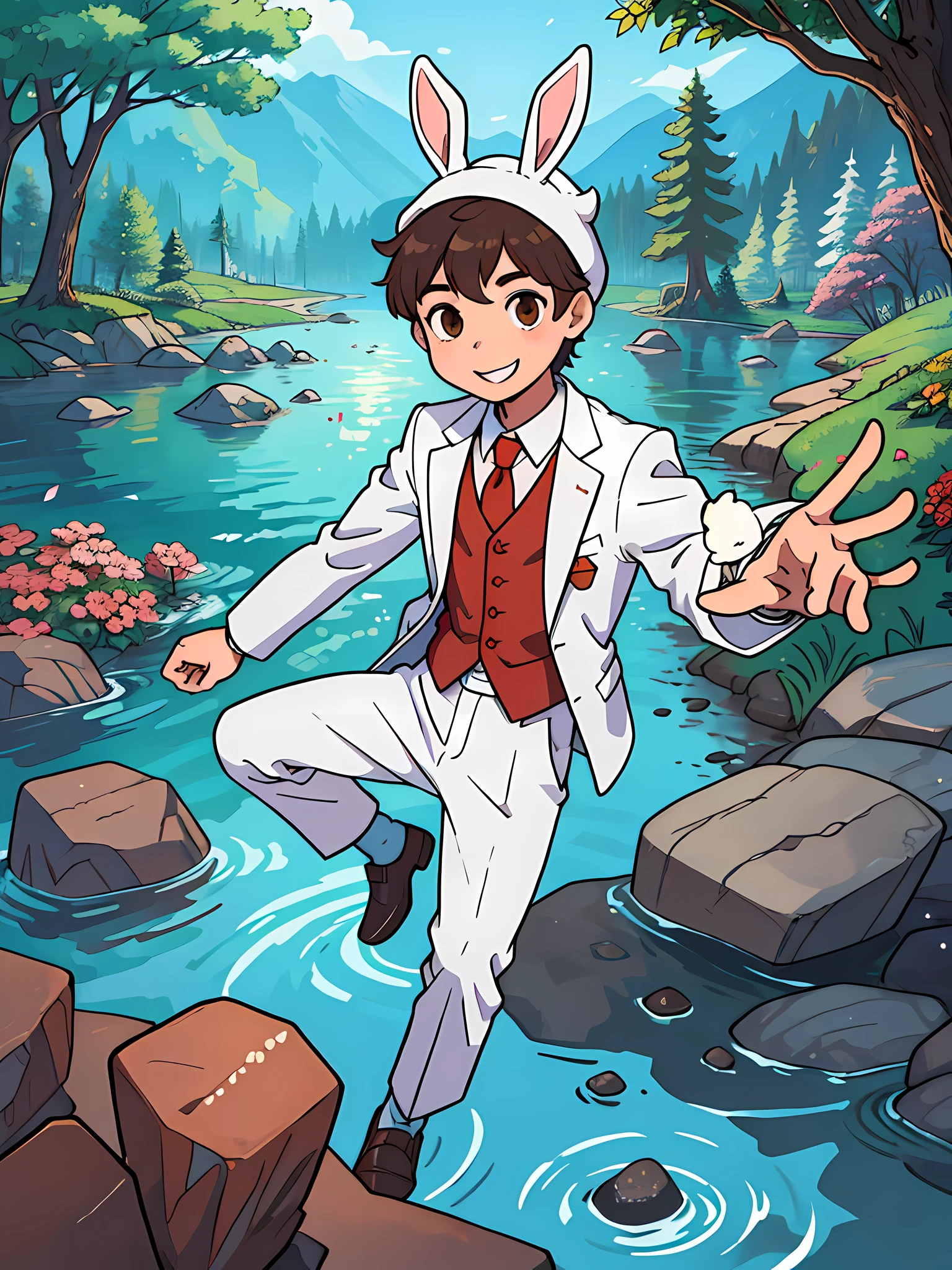 A boy with a rabbit hat in a white suit, with a red tie, jumping, smiling (best quality) (masterpiece) (perfect anatomy) (brown eyes) in a magical forest, full of colorful flowers, with a river and small rocks, with large trees and reach to the sky