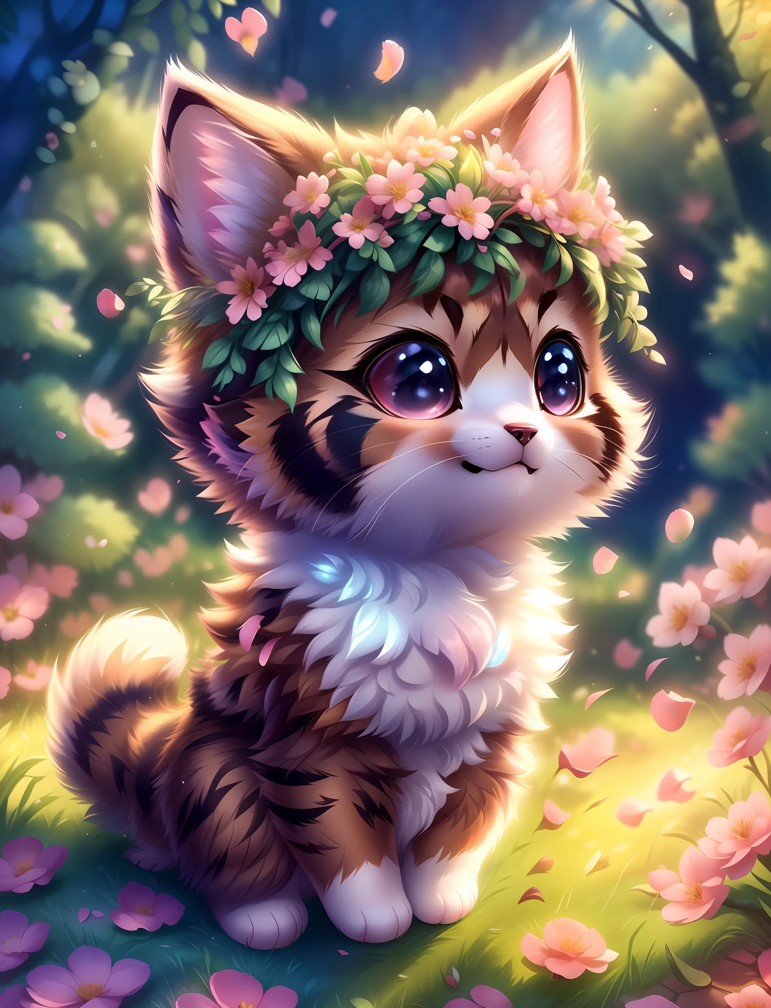 complex background, beautiful lighting, deep shadow, best quality, masterpiece, ultra highres, photorealistic, lots of small details, soft colors, volumetric lighting, scifi, contrast:0.5, solo:1.4, (main_coon:1.2), (corgi:0.8), cute, animal, forest, grass, willow trees, flower petals, ultra fluffy, cutemaomao