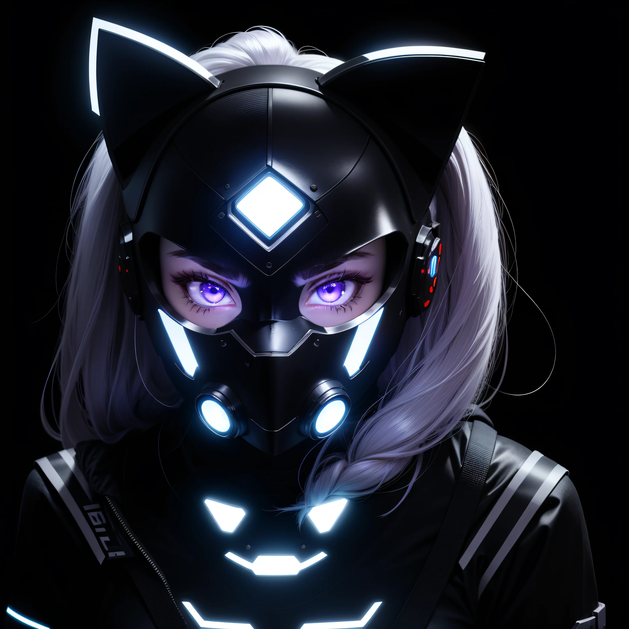 Character for PFP logo of a girl wearing a cybernetic LED mask that covers her face, the LEDs on the mask form a cat