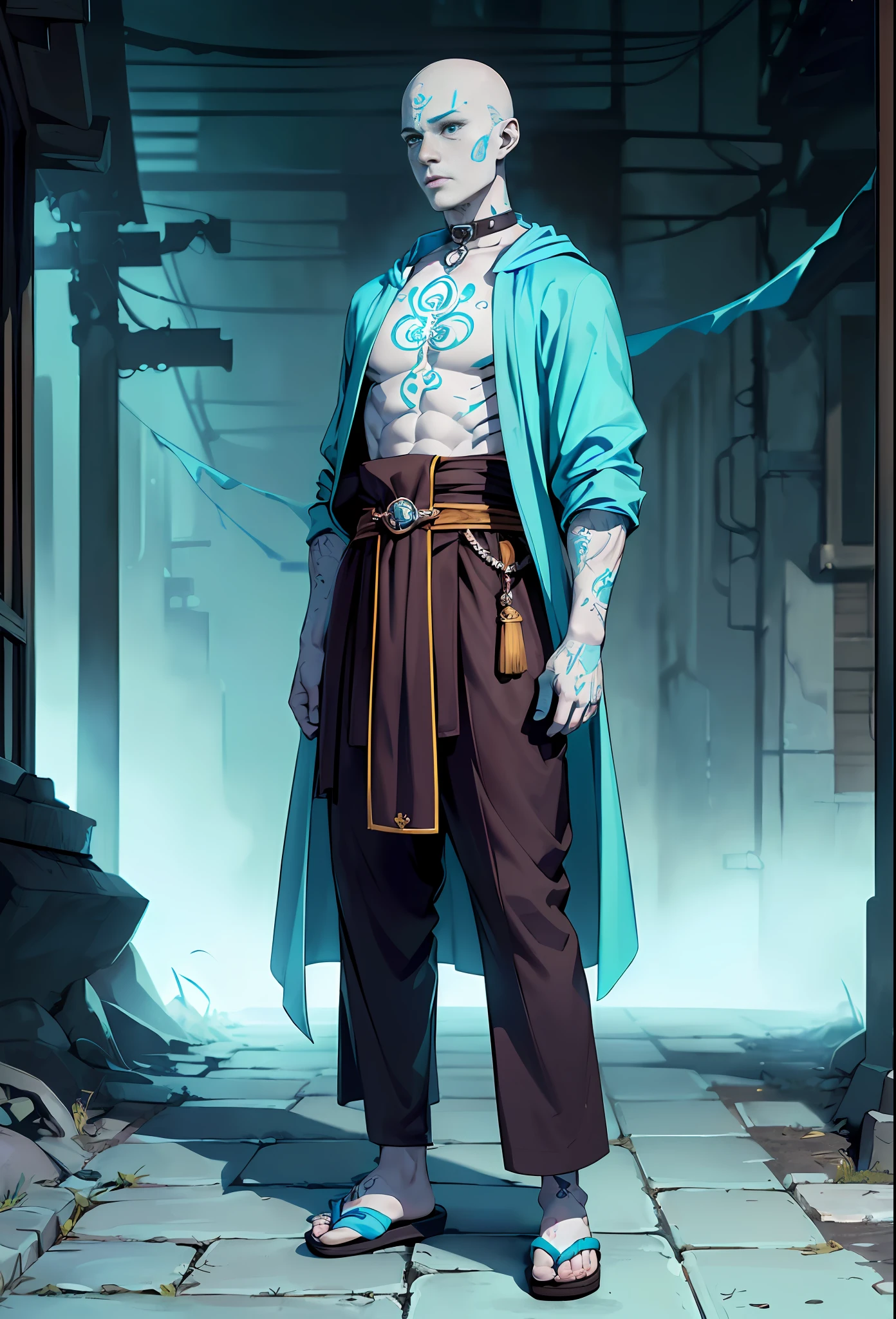 (
(Character: one boy, pale skin:1.3, bald hair, tattoos:1.3, calm expression, lean body:1.4), short,(with bo:1.3)
(Clothing: cyan monk cloak:1.3, Geta, collar japamala:1.4)
(Pose: full body shot:1.5)
(Background:dark alley, intense urban lights in background, foggy, night, cyan color scheme)
(Style: ((Best quality)), ((masterpiece)), (face detailed:1.4),photo-realistic:1.3,hyperrealistic)
)