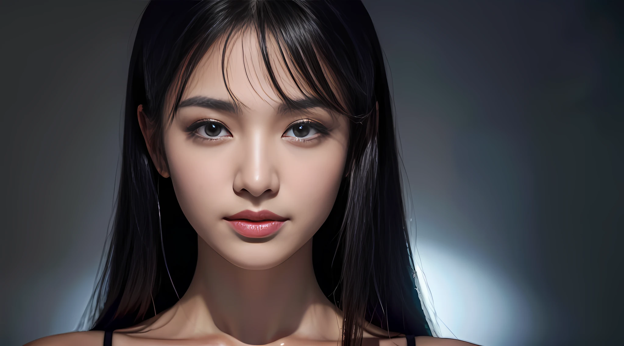 (Ultra Realistic), (Illustration), (Increased Resolution), (8K), (Extremely Detailed), (Best Illustration), (Beautiful and Detailed Eyes), (Best Quality), (Ultra Detailed), (Masterpiece ), ( wallpaper), (detailed face), solo, 1 girl, looking at viewer, fine details, detailed face, in the dark, deep shadows, low key, pureerosfaceace_v1, smiling, long hair, black shawl straight hair , 46 points oblique bangs
