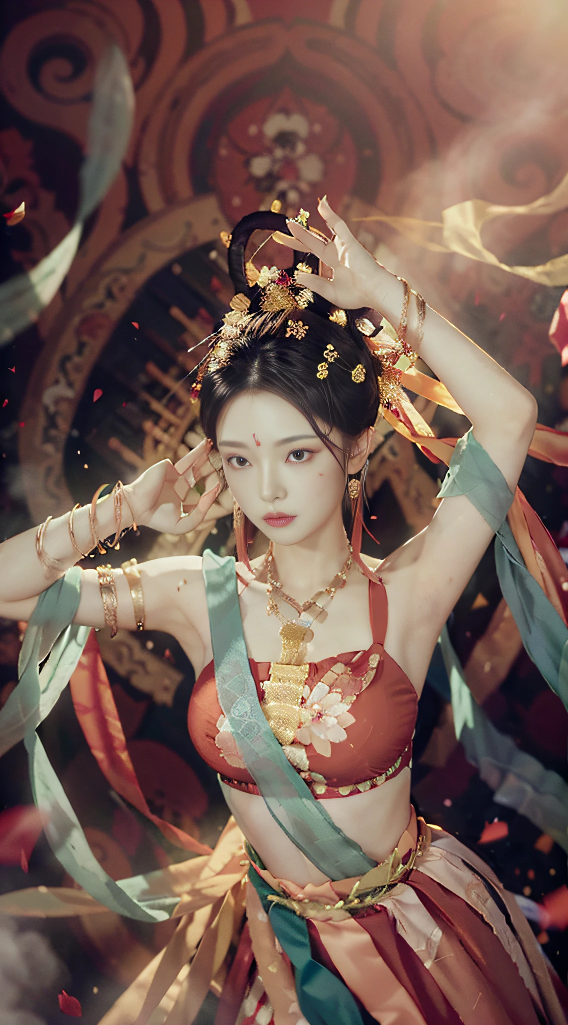 (8k, RAW Photo, Best Quality, Masterpiece: 1.2), (Realistic, Photo Real: 1.4), (Very Detailed CG Unity 8k Wallpaper), (1 Girl), dance, dunhuang_dress, dunhuang_style, dunhuang_background, One arm up, one hand forward, gold ornaments, ancient Chinese hairstyle, tulle, streamers, light makeup, eyeshadow, eyebrow mole, (face), dynamic pose, background smoke surrounding, red and green color scheme, flower petals flying, details, jewelry, earrings, bracelets, shoulders, complex textures, busts, guqin, pipa