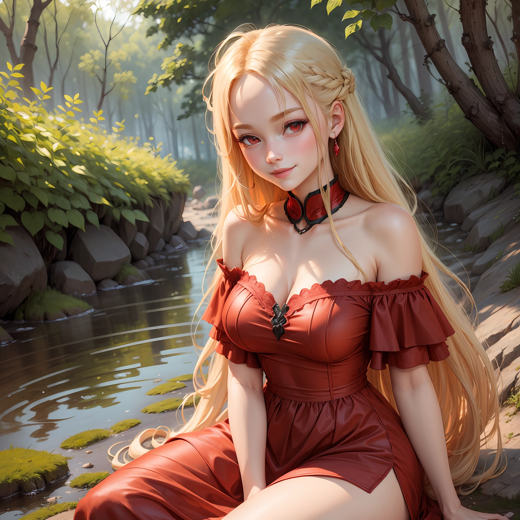 blonde, long hair, bright red eyes, red eyes, shining eyes, one girl, red dress, off-shoulder, sitting, sexy, blush, smile,