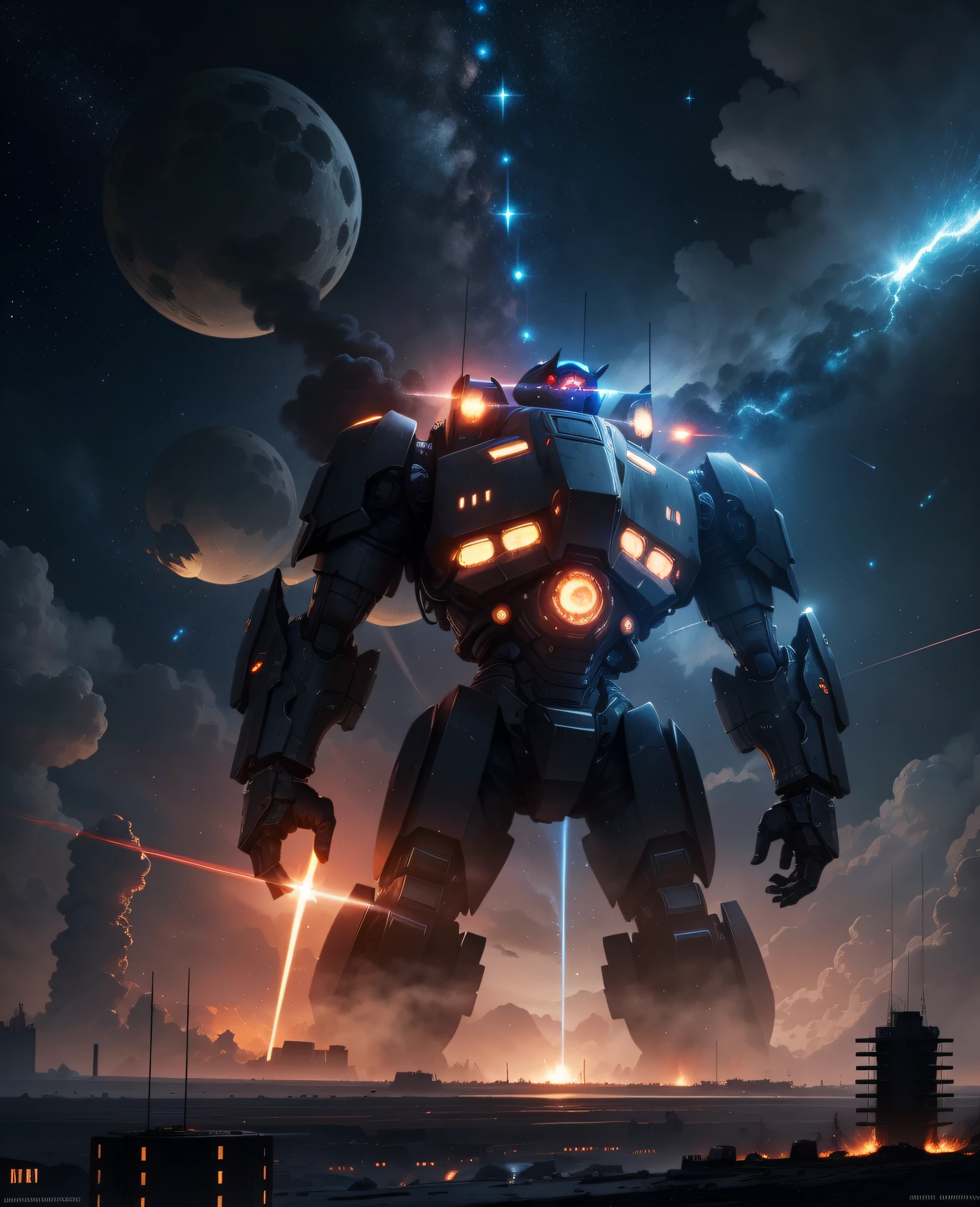 Masterpiece, best quality, giant mech, no humans, black armor, blue eyes, science fiction, fire, laser cannon beam, war, conflict, destroyed building background, (night), darkness, no light, starry sky