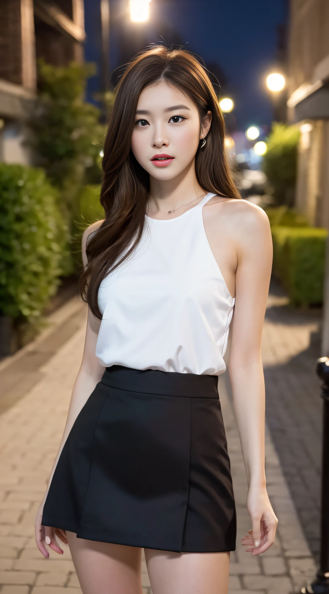((Realistic lighting, Best quality, 8K, Masterpiece: 1.3)), Clear focus: 1.2, 1girl, Perfect figure beauty: 1.4, Slim abs: 1.1, ((dark brown hair)), (White dress: 1.4), (Outdoor, night: 1.1), City street, Super fine face, fine eyes, double eyelids, black skirt, full body.