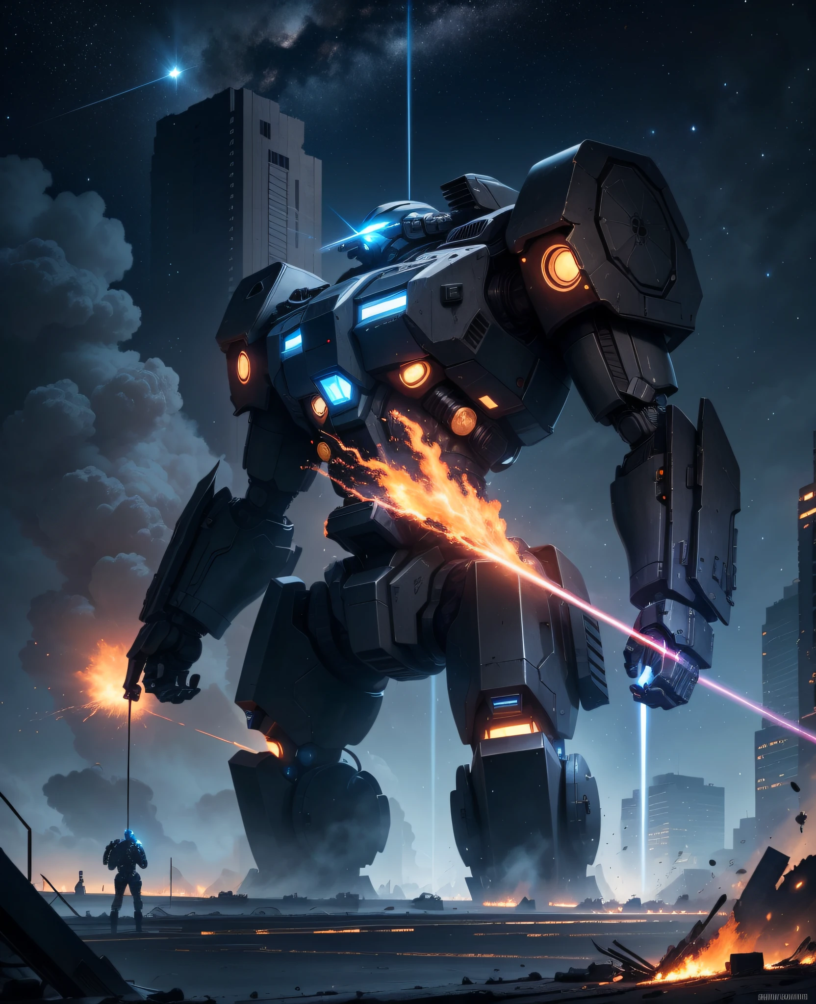 Masterpiece, best quality, giant mech, no humans, black armor, blue eyes, science fiction, fire, laser cannon beam, war, conflict, destroyed building background, (night), darkness, no light, starry sky