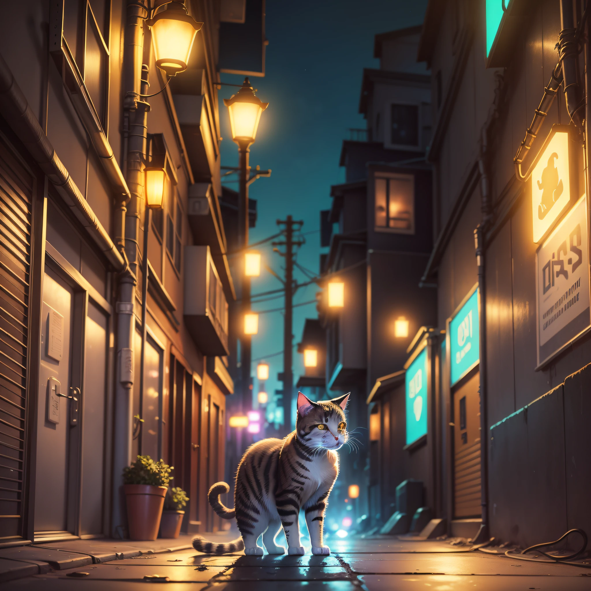 A cat licking its paws in the alley, the background is cyberpunk lights, high-definition, dazzling pictures, hyper-realistic style,