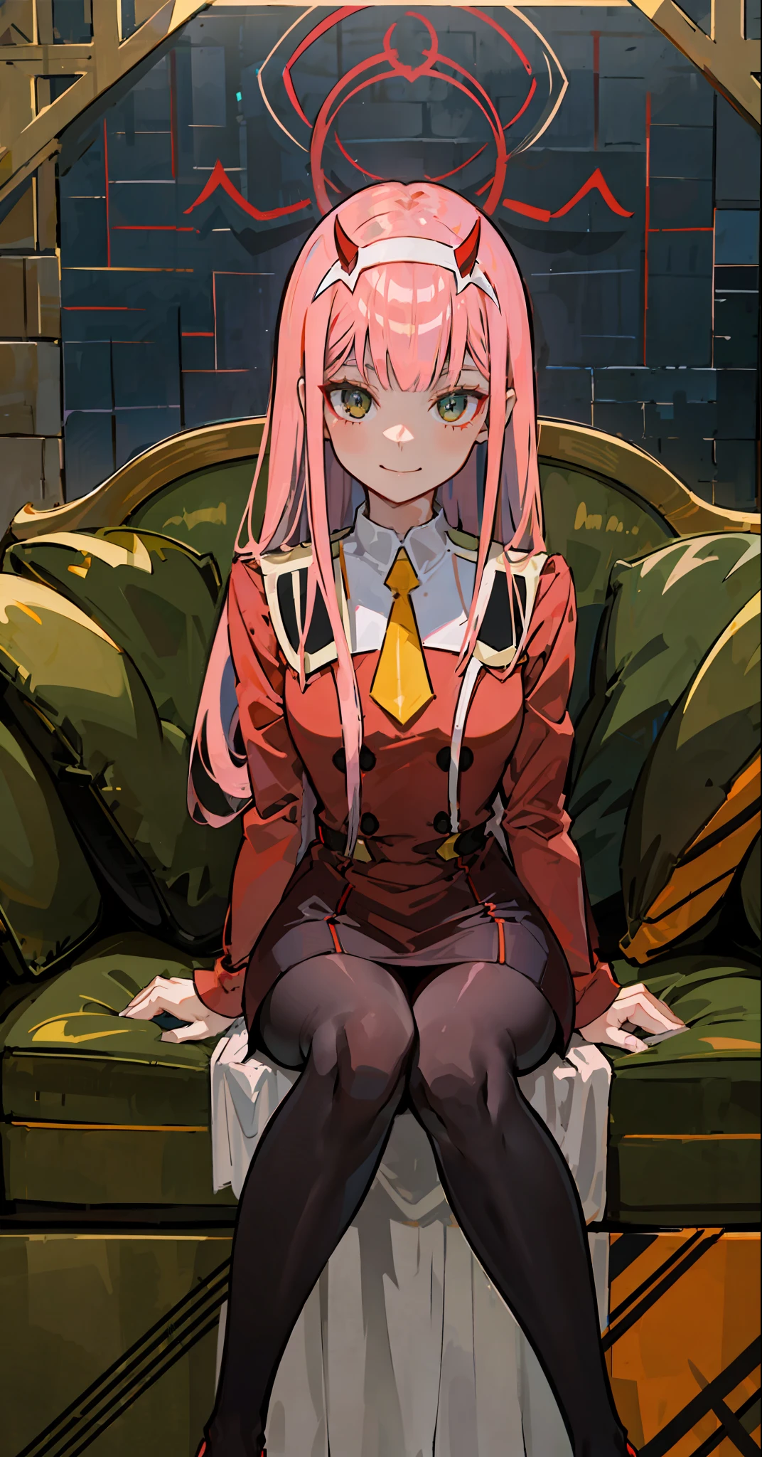 zero two \(darling in franxx\), darling in franxx, 1girl, bangs, bite, shadow, long hair, small breasts, large thighs, makeup, red dress with details, yellow tie, pantyhose, smiling at the viewer, pair of small red horns, pink hair, long barrel boot, red eyeshadow, tight skin, solo