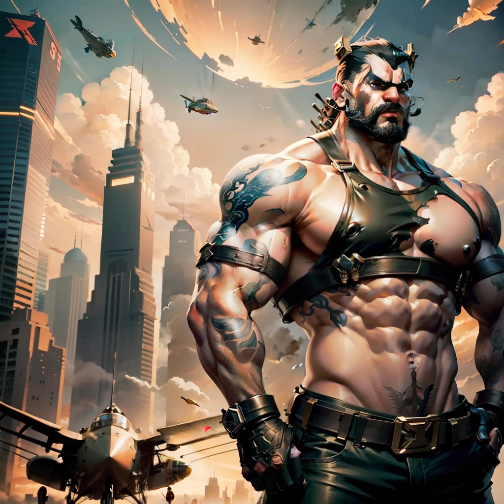 A dynamic t-shirt design featuring a crocodile-shaped mercenary with a muscular physique and crossed arms, symbolizing strength and dominance. The crocodile's biceps are prominently displayed, showcasing their formidable power. In the background, a squadron of paratroopers descends from planes and helicopters, their parachutes billowing in the wind. The scene is set against a dramatic sunset sky, with vibrant hues of orange, purple, and gold, creating a sense of intensity and excitement. The design style for this artwork is a combination of digital illustration and graffiti art, blending bold lines, vibrant colors, and expressive brushwork. The final result will be a visually dynamic and edgy design that captures the attention and imagination of the viewer.