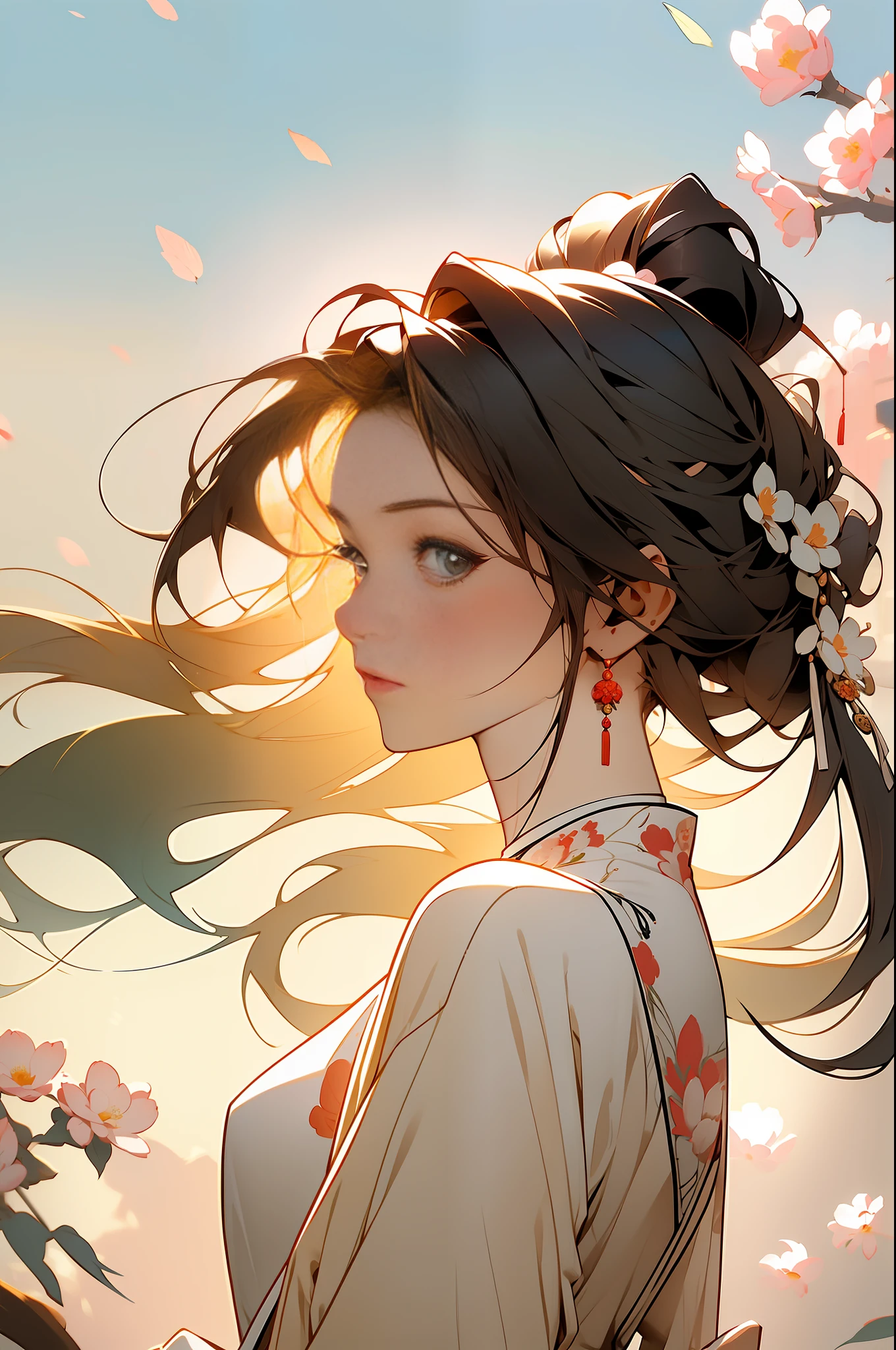 (masterpiece, top quality, best quality),Chinese clothing, outdoors, upper body, looking at the viewer, 1 girl, flowers around, delicate face,long hair, messy hair, Wuxia ,girl,Chinese style,anime