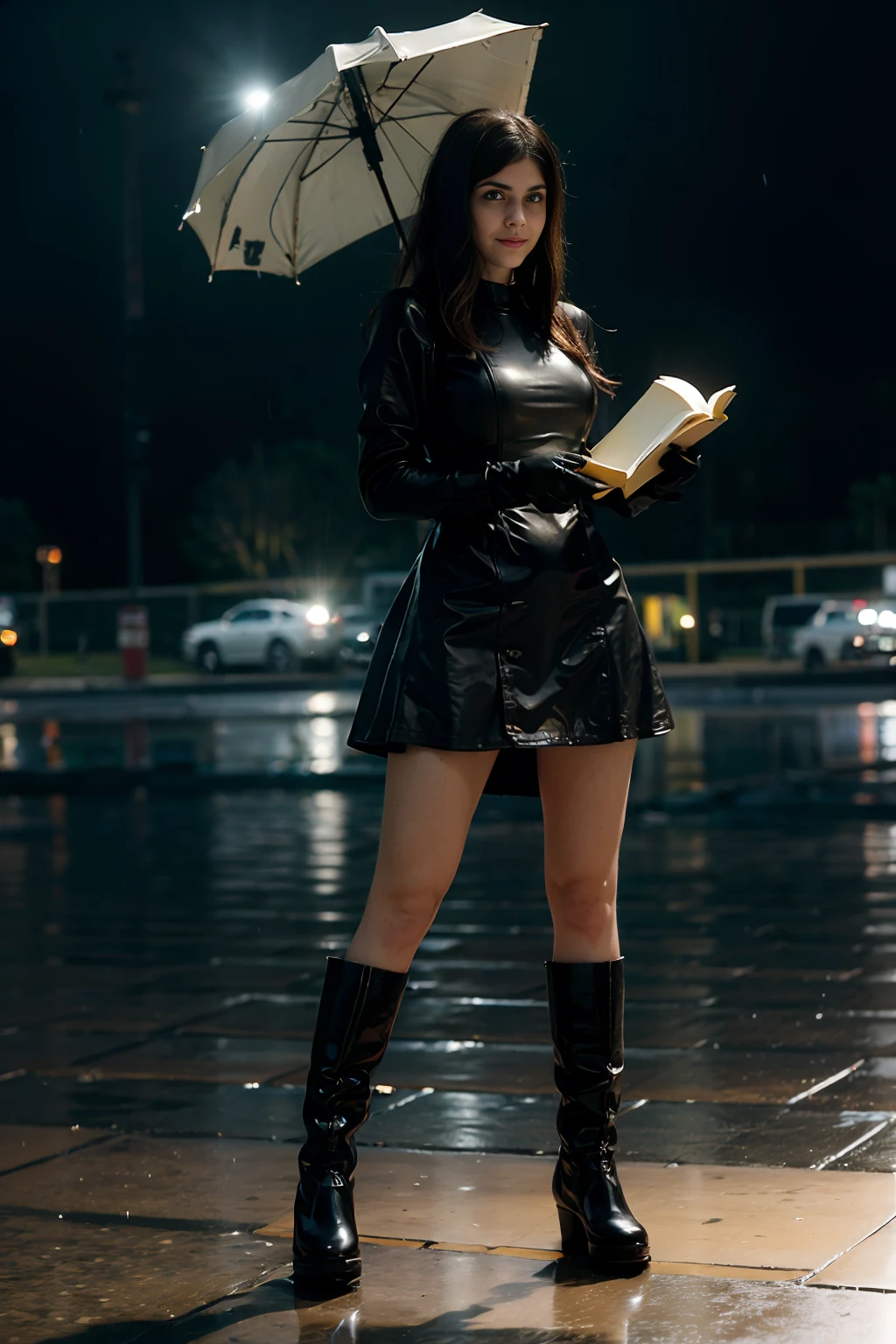 Alexandra Daddario girl smiling, holding some books ,cute, cityscape, day, rainy, wet, professional lighting, photon mapping, a black and white, a black dress and boots on a white background, yellow cut dress, gothic dress, classical witch robe, gothic clothing,